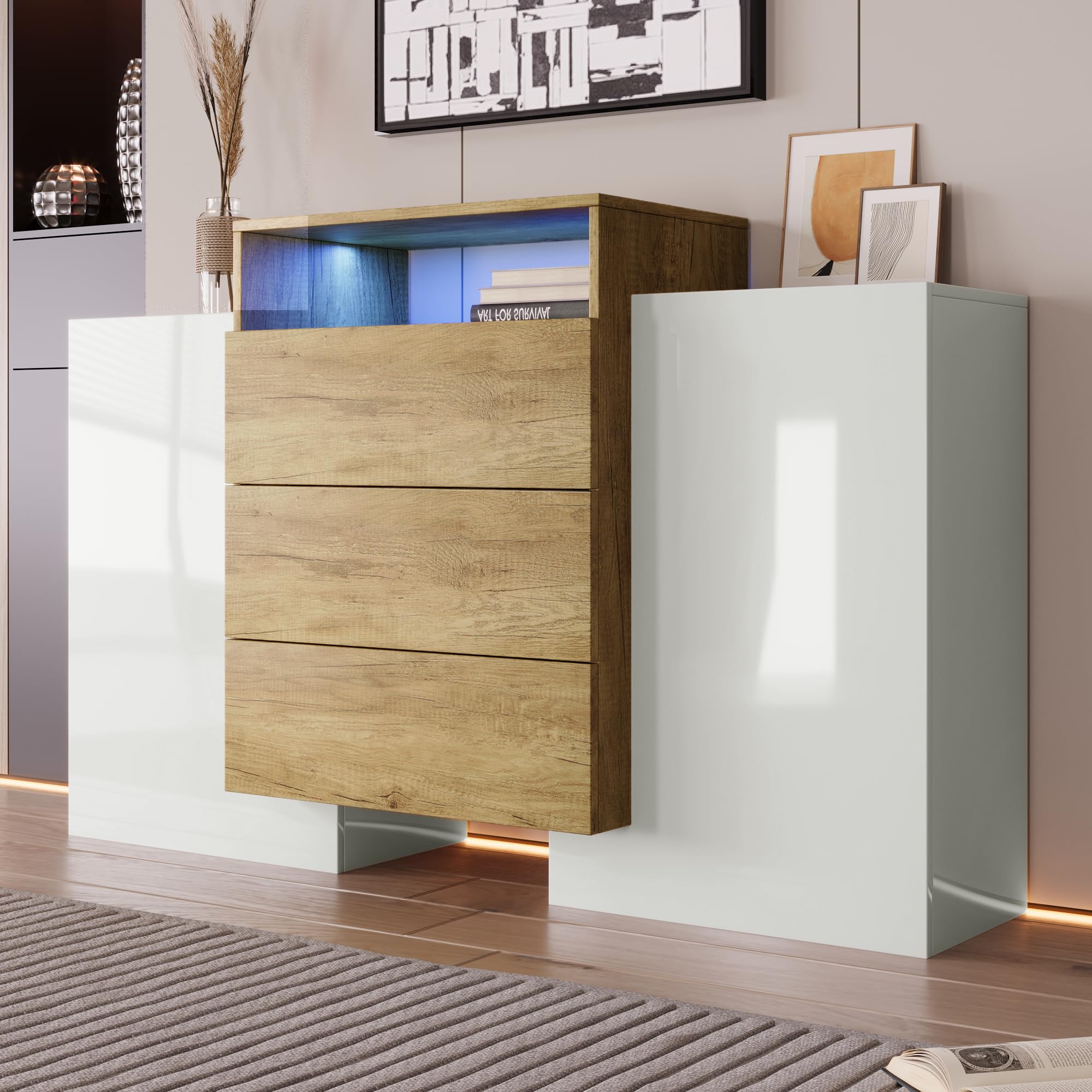 Muebles para el hogar y el hogar, aparador, aparador moderno, armario de 140 cm, blanco brillante y color madera, efecto de iluminación LED multicolor.