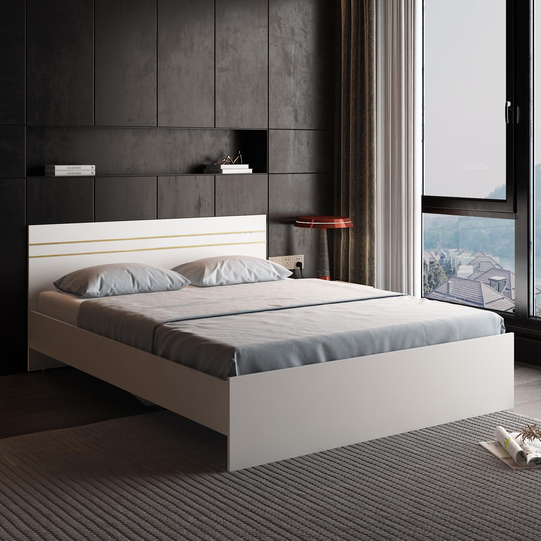 A GLOBIA CREATIONS Kane Queen Size Bed, Engineered Wood, Frosty White Finish | Modern & Space-Saving | Knock-Down Delivery-picture-15