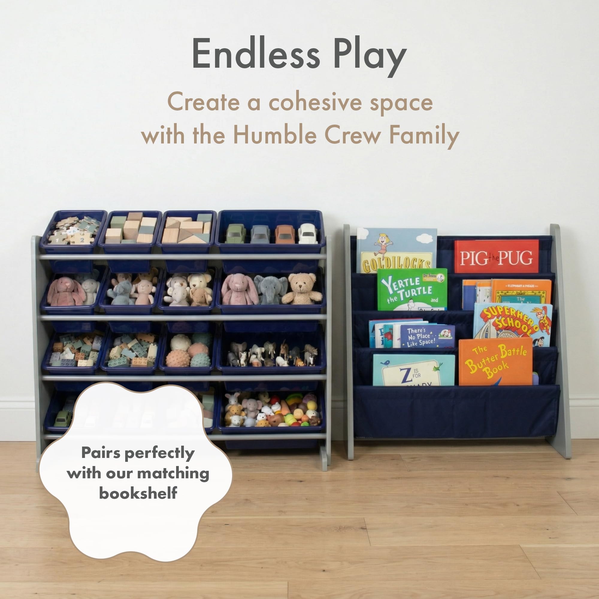 Humble Crew Organizer per giocattoli di grandi dimensioni con 16 contenitori rimovibili, grigio/blu navy, grande contenitore per giocattoli per bambini, ideale per camerette, stanze dei giochi e asili