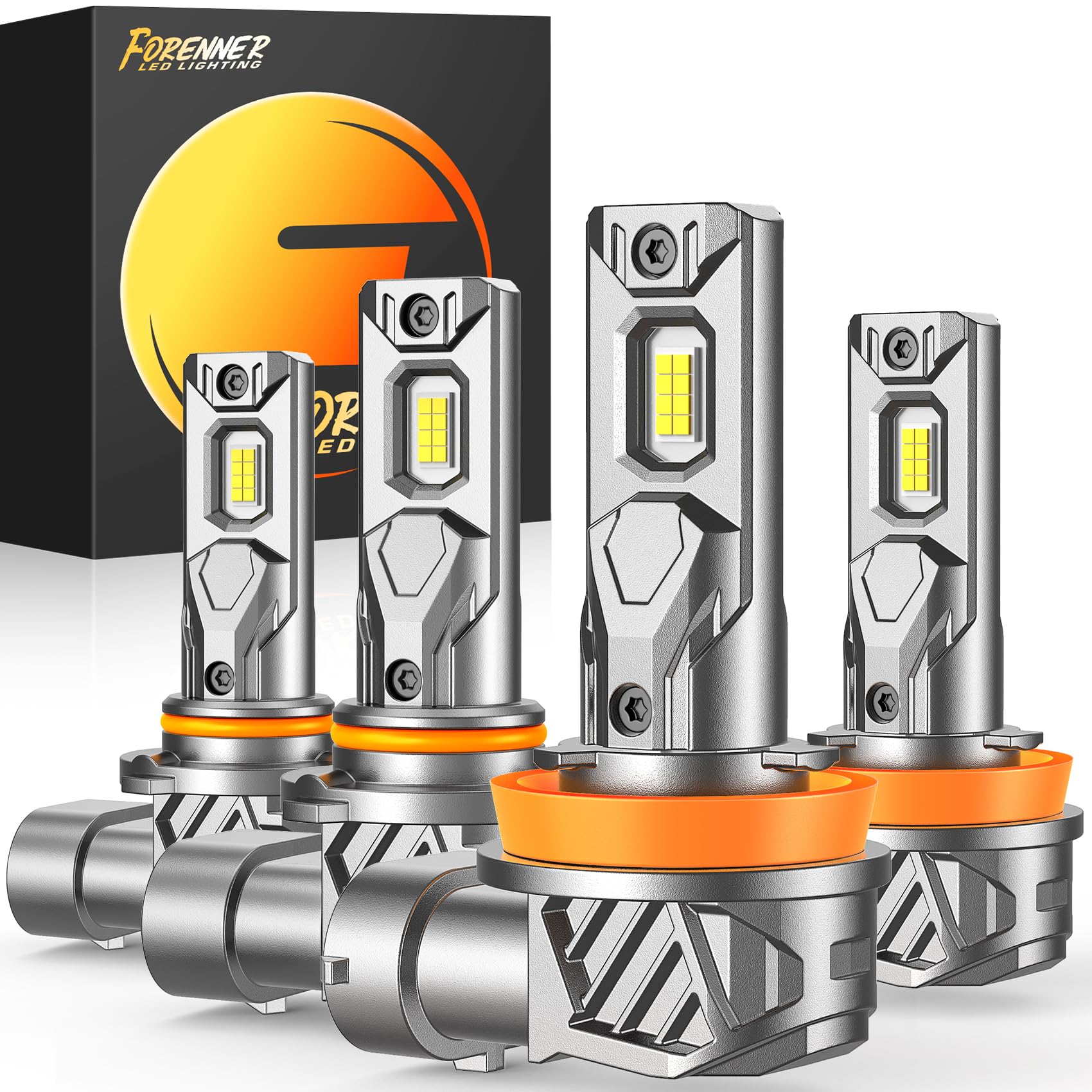 FORENNER H11 9005 Light Bulbs Combo, 800% Ultra Brightness 6500K Cool White, H11/H9/H8 9005/HB3 Fog light Bulbs Kits, 1:1 Mini Size, Play-N-Plug Back Up Light Assemblies, Pack of 4