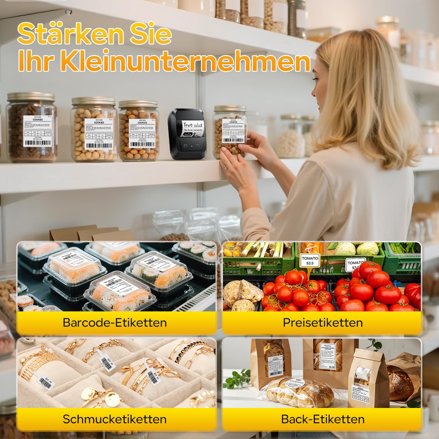 Memoking Bluetooth Etikettendrucker Selbstklebend, Tragbarer Etikettendrucker mit 2000 Symbolen und 300 Vorlagen, Barcode Etikettendrucker für Einzelhandel, kleine Unternehmen, Büro und Zuhause