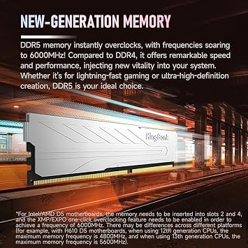 KingBank Computer Desktop Memory Ram DDR5 16GB(2x8GB) 6000MT/s CL36 1.35V Overclocking XMP 3.0 & AMD Expo with Heatsink for PC Gaming/Office/PS,Silver