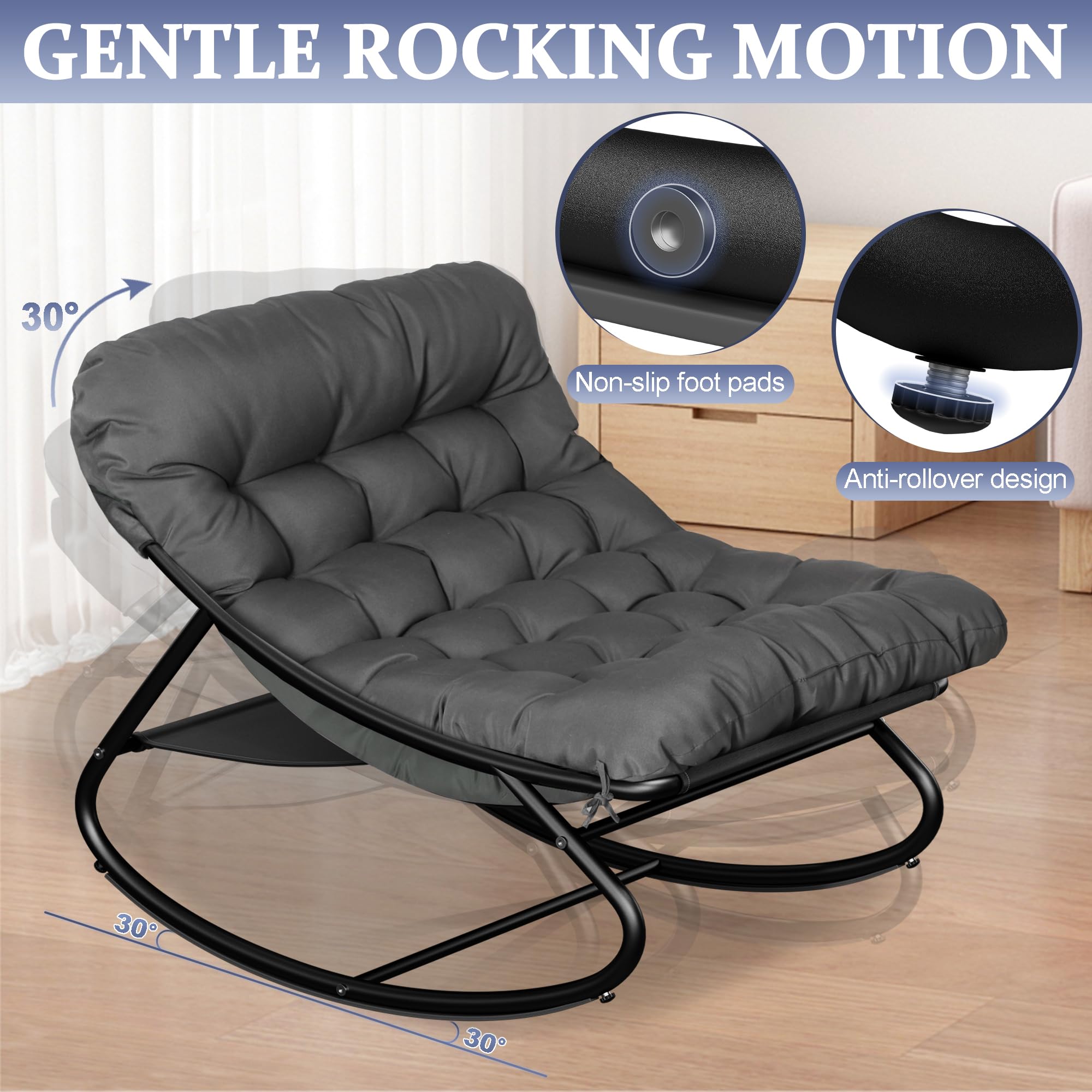 Silla Mecedora con Reposapiés, Carga 150 kg, Sillon Mecedora Salon Extra Grande con Cojín Acolchado, Rocking Chair Marco de Metal, Sillón Relax para Adulto Salón, Dormitorio, Interior y Exterior(gris)