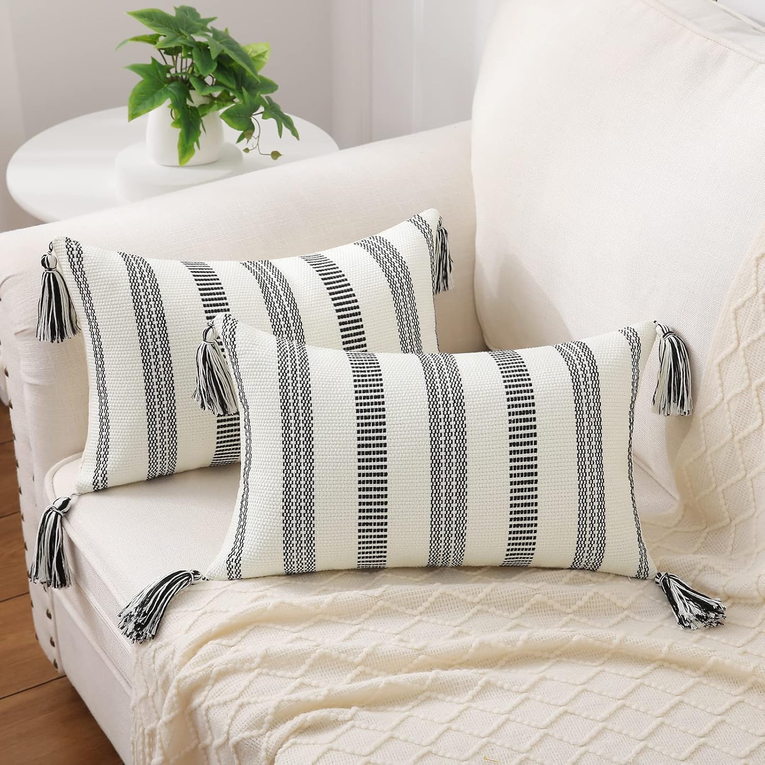 Smile Bee Boho Outdoor Couch Throw Pillow Covers Set of 2, Decorative Lumbar Thick Woven Striped Accent Neutral Pillow Covers with Tassels for Bed Sofa Home Decor, 12x20 Inch, Black and Cream White 20" x 12" (Pack of 2) Black and Cream White
