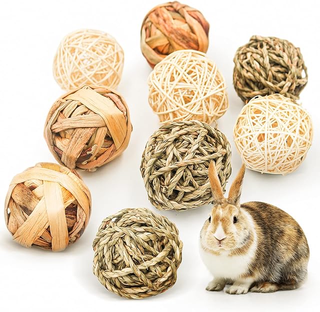 Episkey 9 Pcs Rabbit Toys, Rabbit Treats Guinea Pig toys Small Pets Chew Balls Grass Balls Natural Toys for Rabbits Chinchilla Bunnies Gerbils and Hamster (2.75-3.15", 9 Pcs)