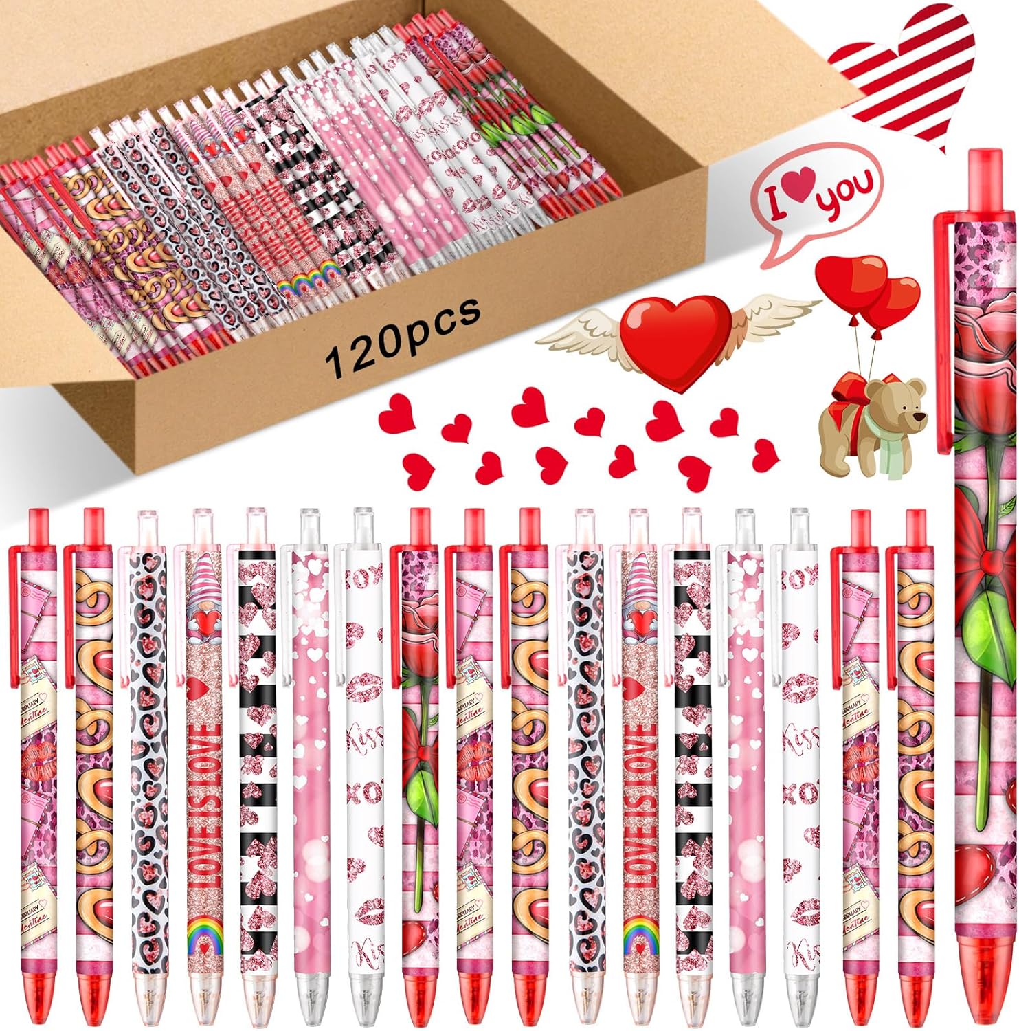 Leinuosen 120 Pcs Valentine's Day Ballpoint Pen Bulk Valentine's Day Heart Black Ink Pens for School Office Supplies Wedding Party Supplies