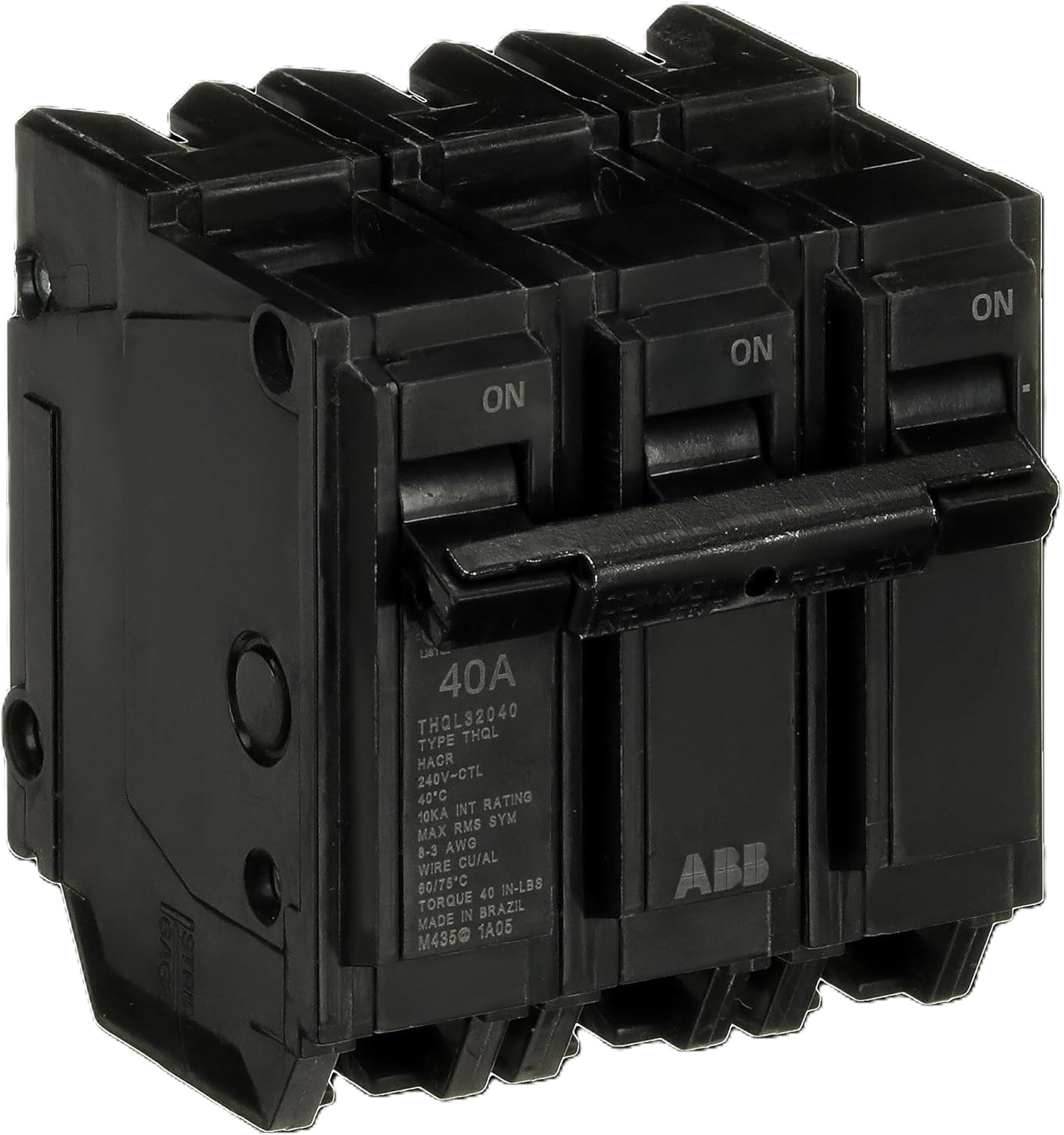 ABB Q-Line® THQL32040 Circuit Breaker • 40 Amp 3-Pole Breaker • 120/240 VAC • 10 kAIC Interrupt Rating • Thermal Magnetic Plug-On Breaker for Load Centers