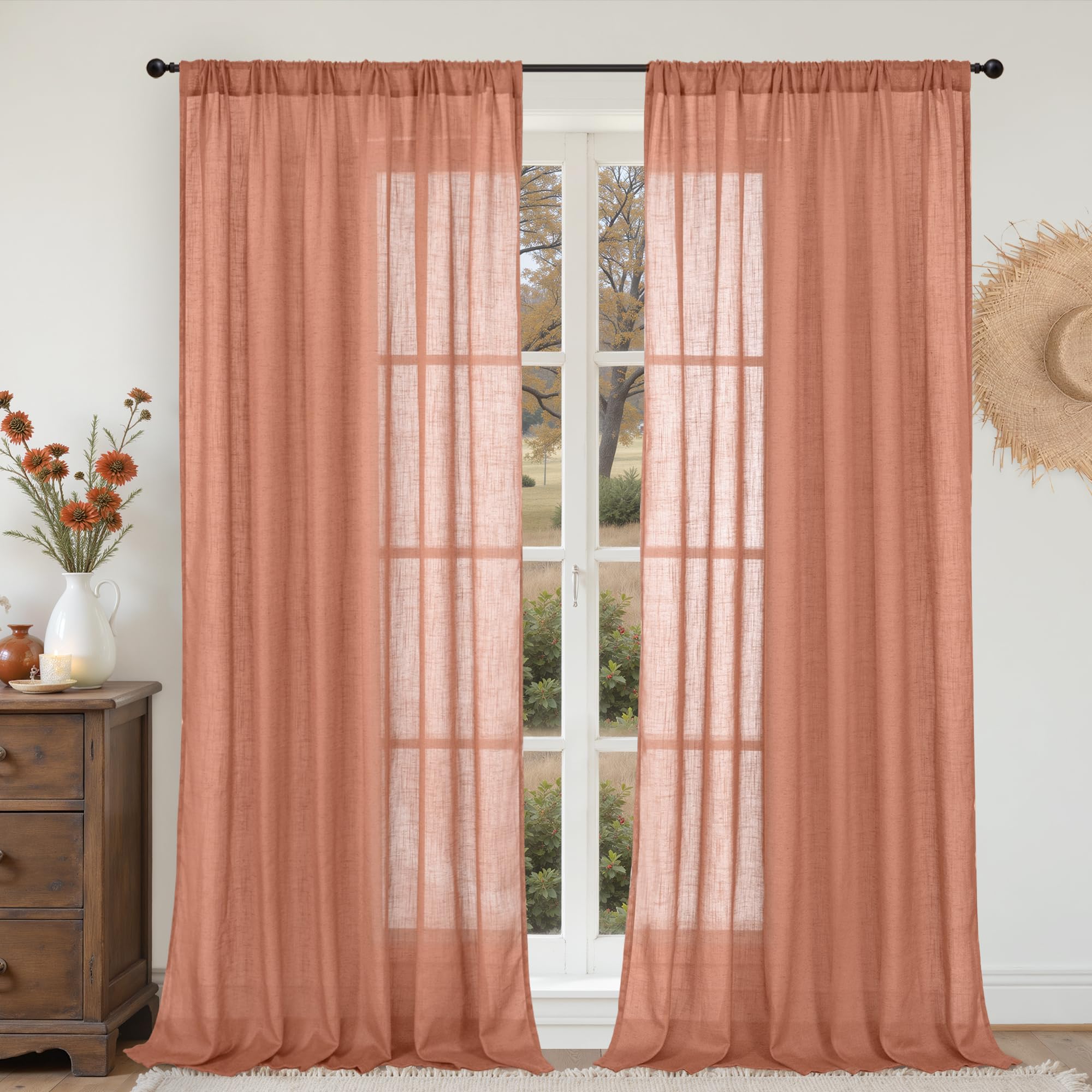 BGment Terracotta Linen Curtains 60 X 84 Inch Length, Wide Semi Sheer Drapes for Living Room Bedroom Dining Decor Rod Pocket Lightweight, 2 Panels Set, Each 60 Inch Wide