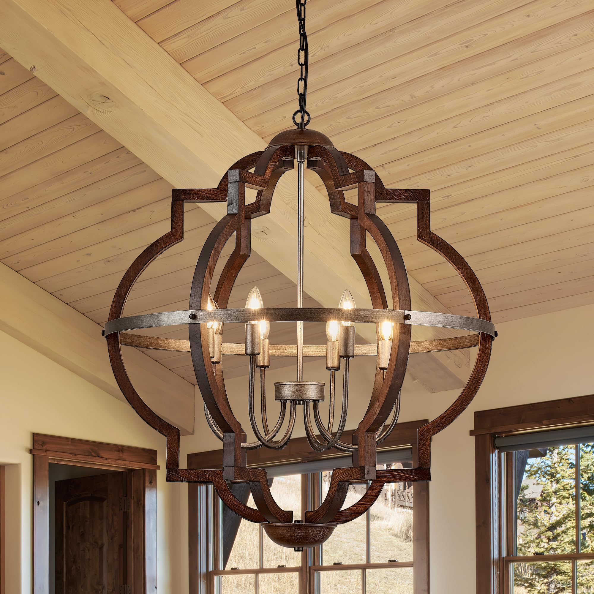 Photo 1 of TACDANDM 31.5'' 8-Light Farmhouse Chandelier for Dining Room Vintage Rustic Oak Brown Wood Pendant Light Fixtures Globe Hanging Ceiling Lighting for Hallway Entry