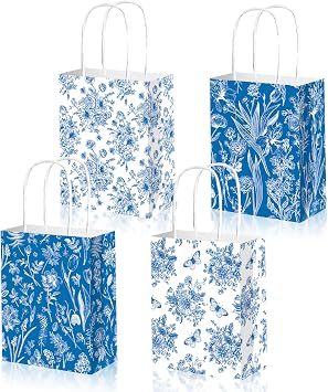 VstarOne 12 Pcs Floral Gift Bags Blue White Paper Party Favor Bag with Handles Flower Decorative Goodie Candy Treat Bags for Wedding Birthday Bridal Party Supplies