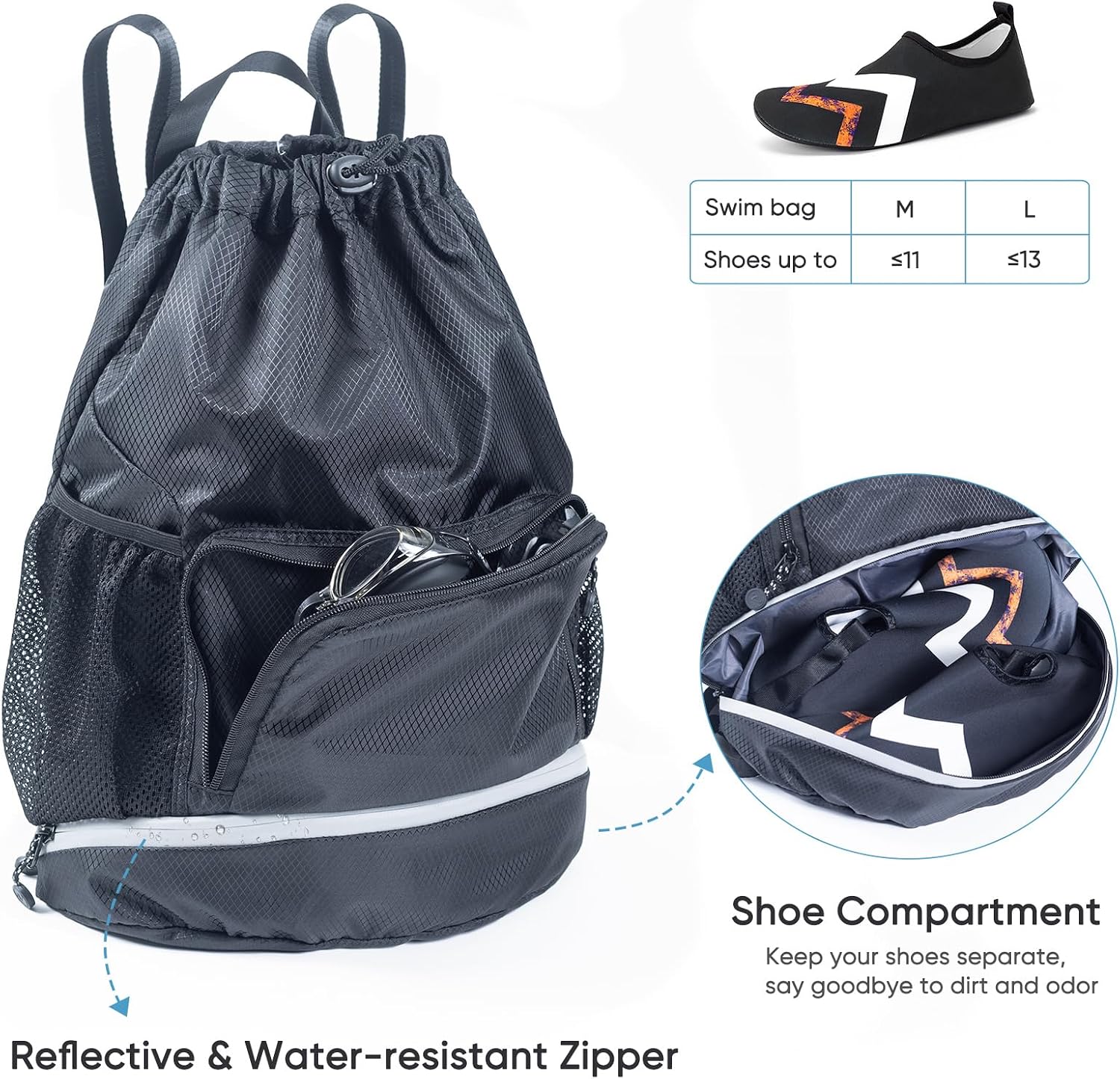 Swim Beach Sports Drawstring Backpack - Gym Bag with Shoes Compartment and Waterproof Pocket for Gym Accessories, Swim Essentials - Kids Mens Beach Workout Bag image 3