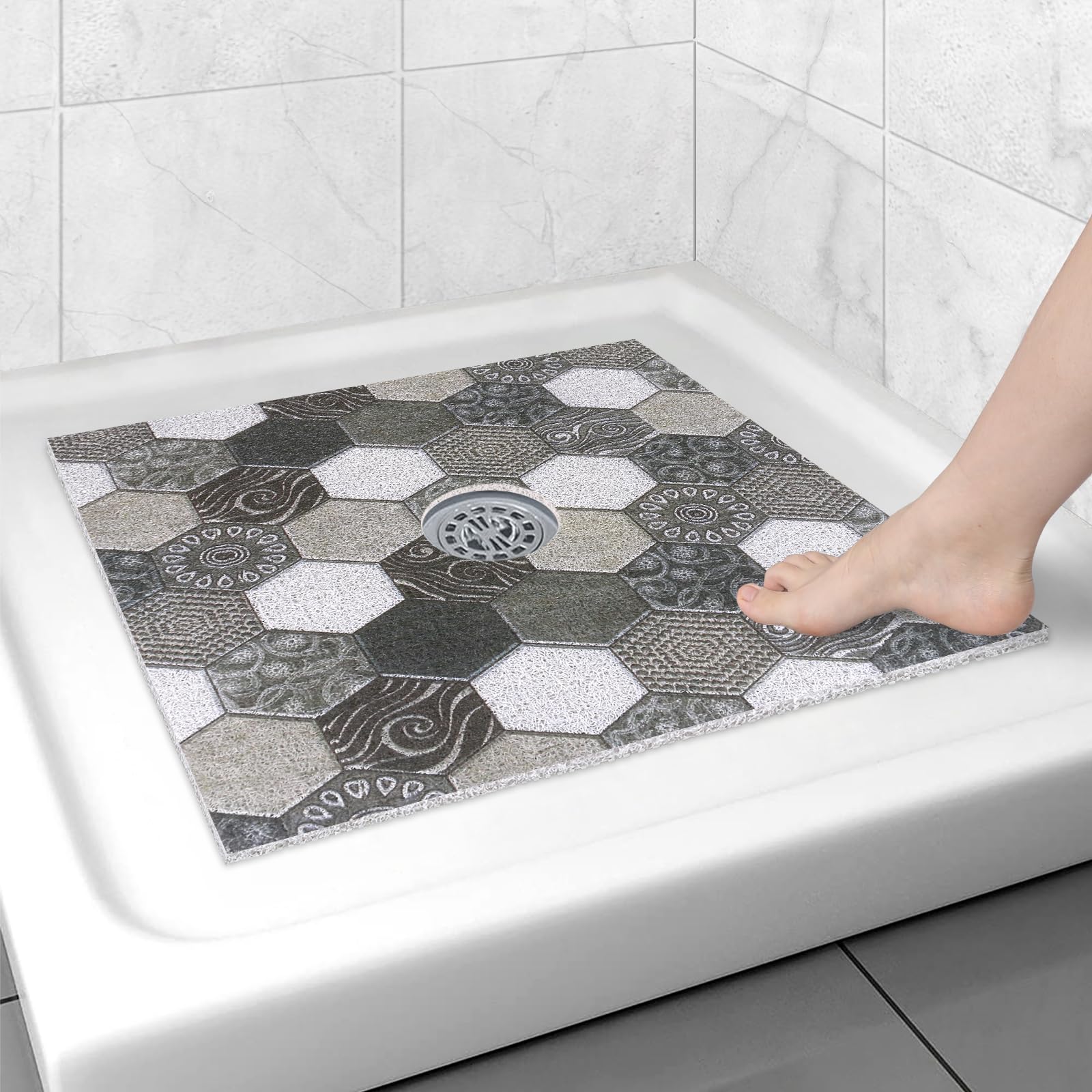 Square Shower Mat Non Slip: 24x24 Inch Shower Floor Mat with Drain Hole in Middle, Super Soft and Comfortable PVC Loofah Massage Bath Mat for Shower, Anti Slip Shower Stall Mat, Quick Drying