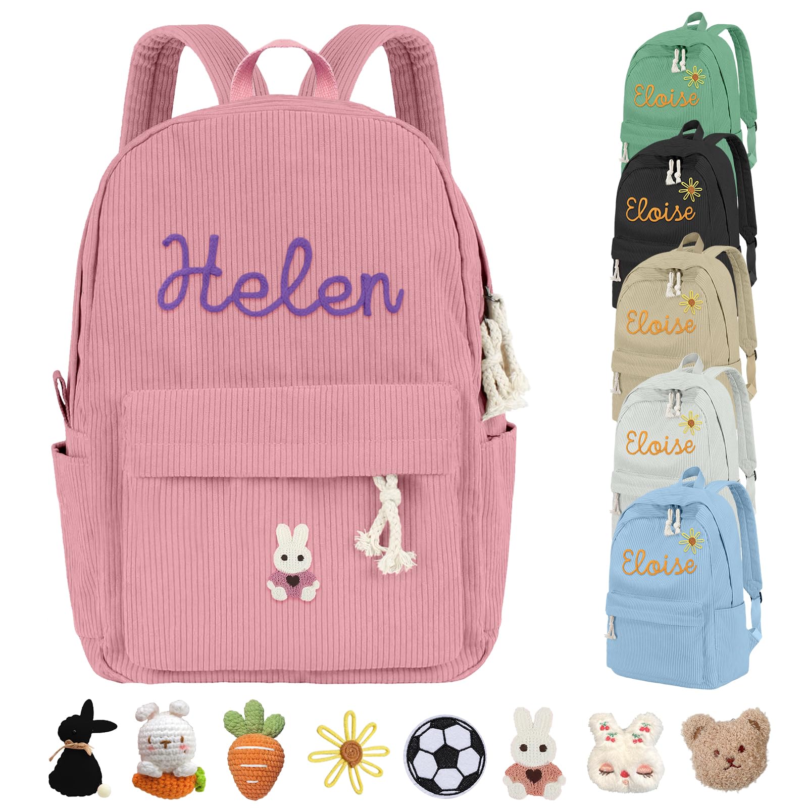 Hapelf Personalized Corduroy Backpack for Kids Girls Boys Custom Name Corduroy Bag Customized School Book Monogram Bags Gifts