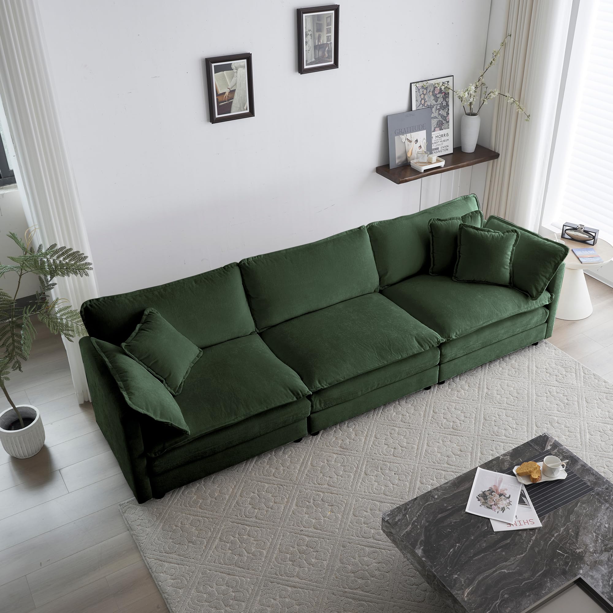 Tmsan 111.5" Oversized Deep Seat Sectional Sofa, Green Modern Chenille Cloud Couch, Large 3 Seater Modular Sofa with 5 Pillows for Living Room Bedroom
