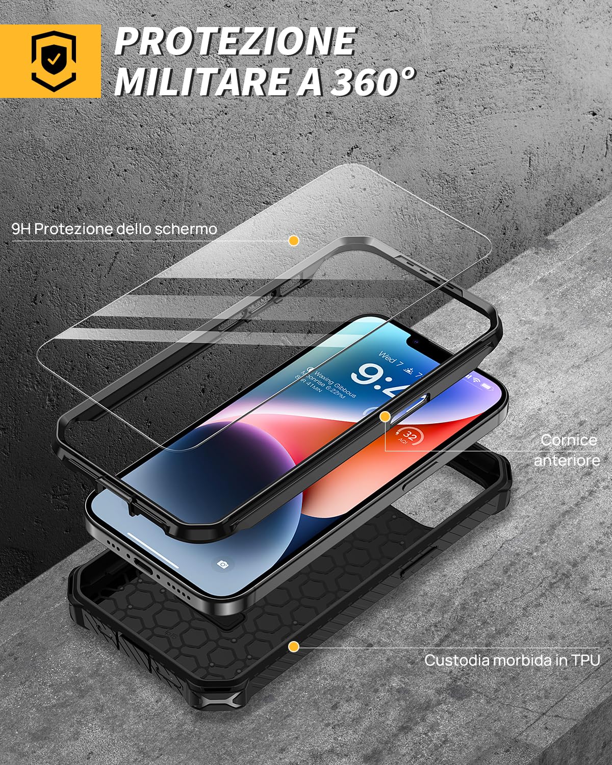 Lanhiem Cover per iPhone 14 / iPhone 13 con 2 Pezzi Vetro Temperato, Supporto Magnetico Anello a 360° Protezione 14FT Antiurto Anticaduta Militare Armor Protezione, Custodia per iPhone 13/14, Nero