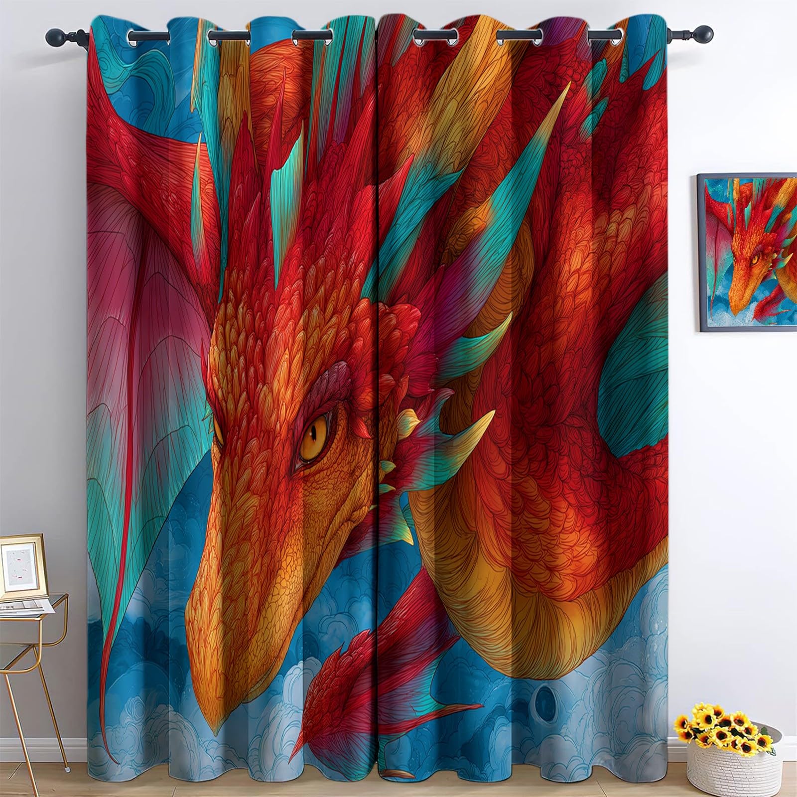 Generico 110 x 215 cm Zasłony 2 panele, anime morze chmury niebo smok zasłony zaciemniające do okien, niebieskie zielone zasłony dekoracyjne dla dzieci chłopców dziewcząt sypialnia i salon kuchnia