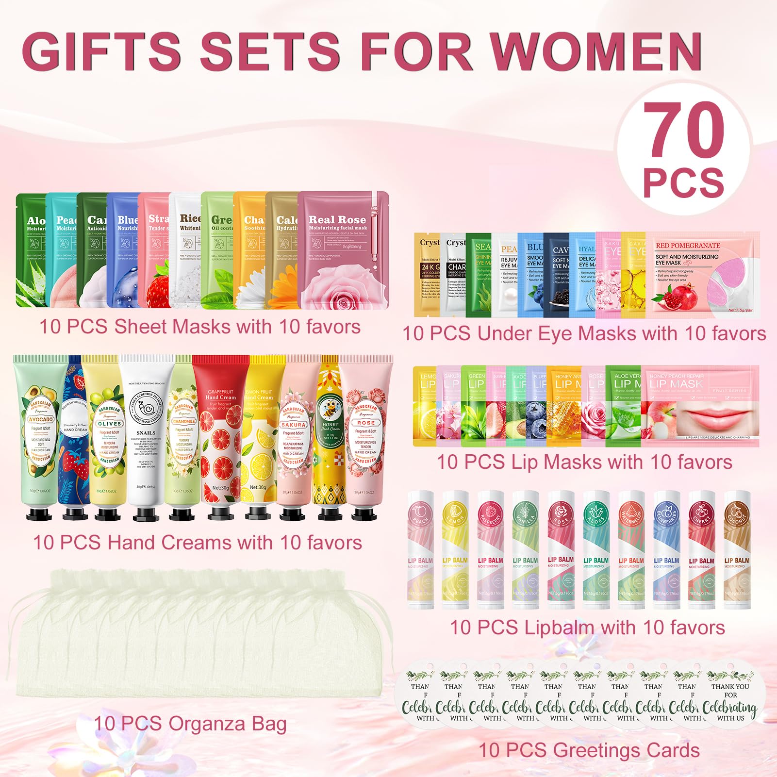 70 Pièces Coffret Femme Cadeau, Lot Masque Visage, Coffret Soin Visage Femme con Creme Mains, Masque Visage, Eye Patch, Masque Levre, Stick Levres, pour les Fêtes SPA, Cadeaux de Mariage