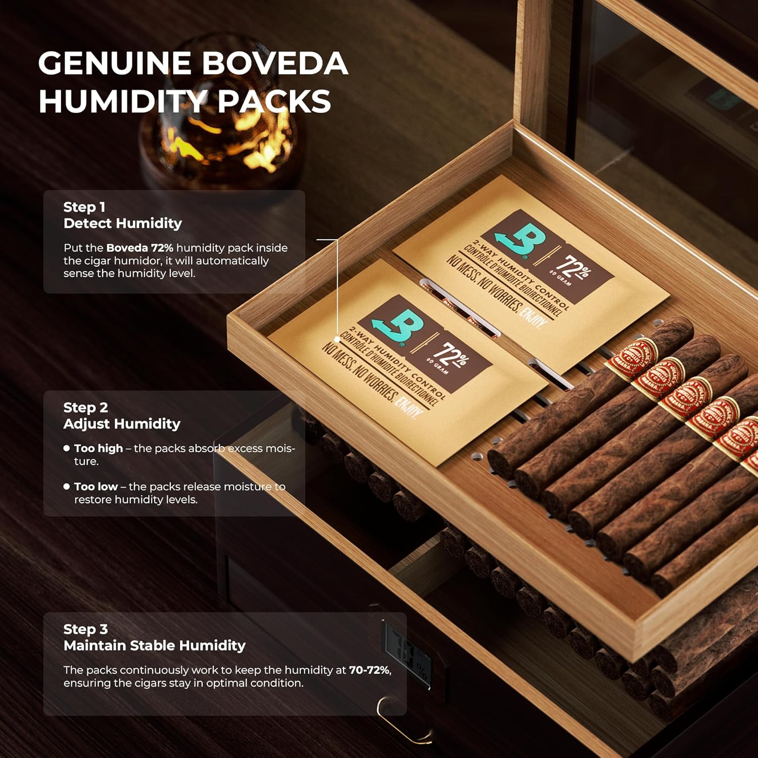 Woodronic Cigar Humidor, Glass Top Humidor Cigar Box, Cedar Wood Cigar Case with Boveda 72% Humidity Packs, Accurate Digital Hygrometer, Cigar Accessory Drawer, Gift for Men(50-80 Cigars)