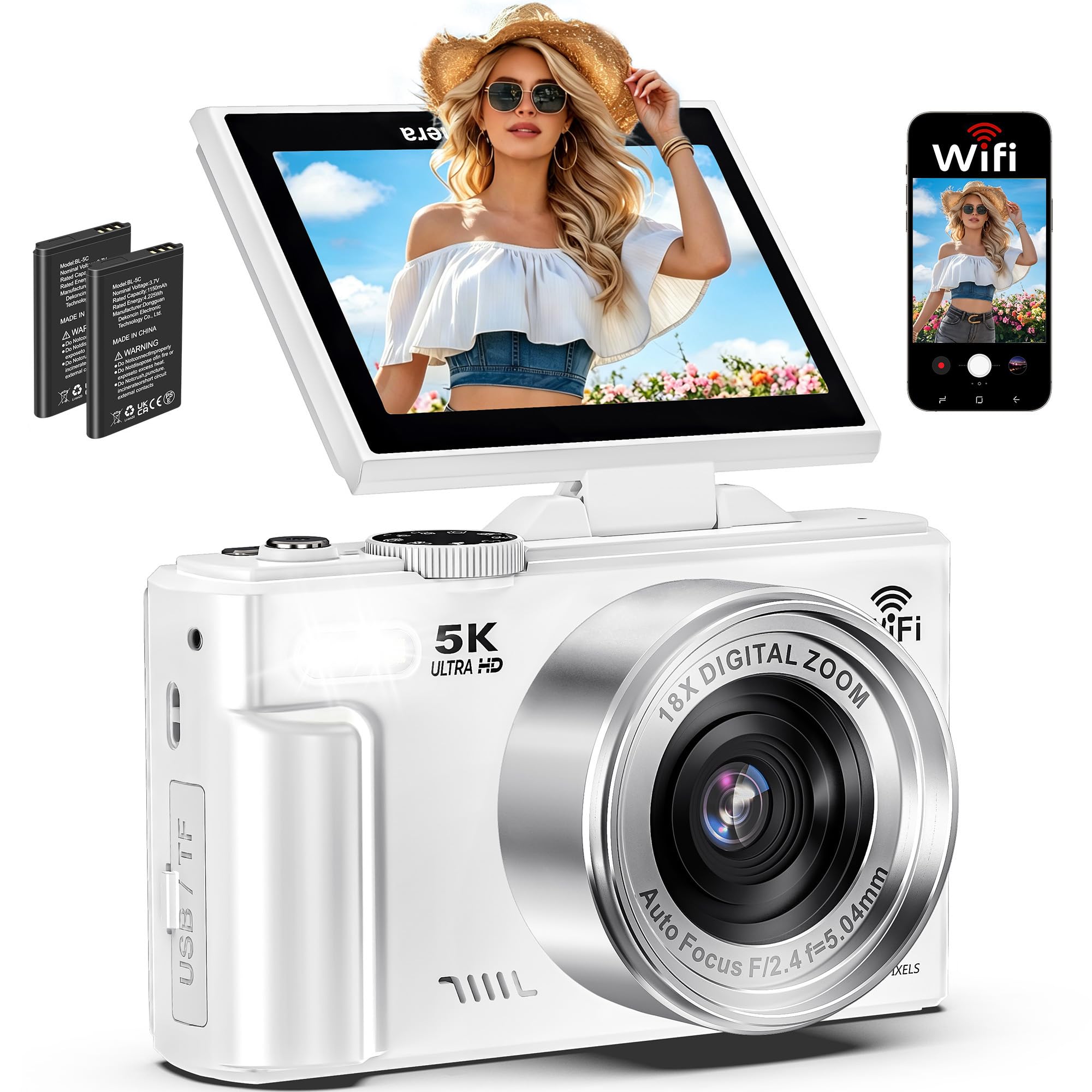 5K Digital Camera for Photography, 75MP WiFi Vlogging Camera for YouTube with 3" 180° Flip Screen, 18X Zoom UHD Autofocus Video Camara with 32GB SD Card-picture-16
