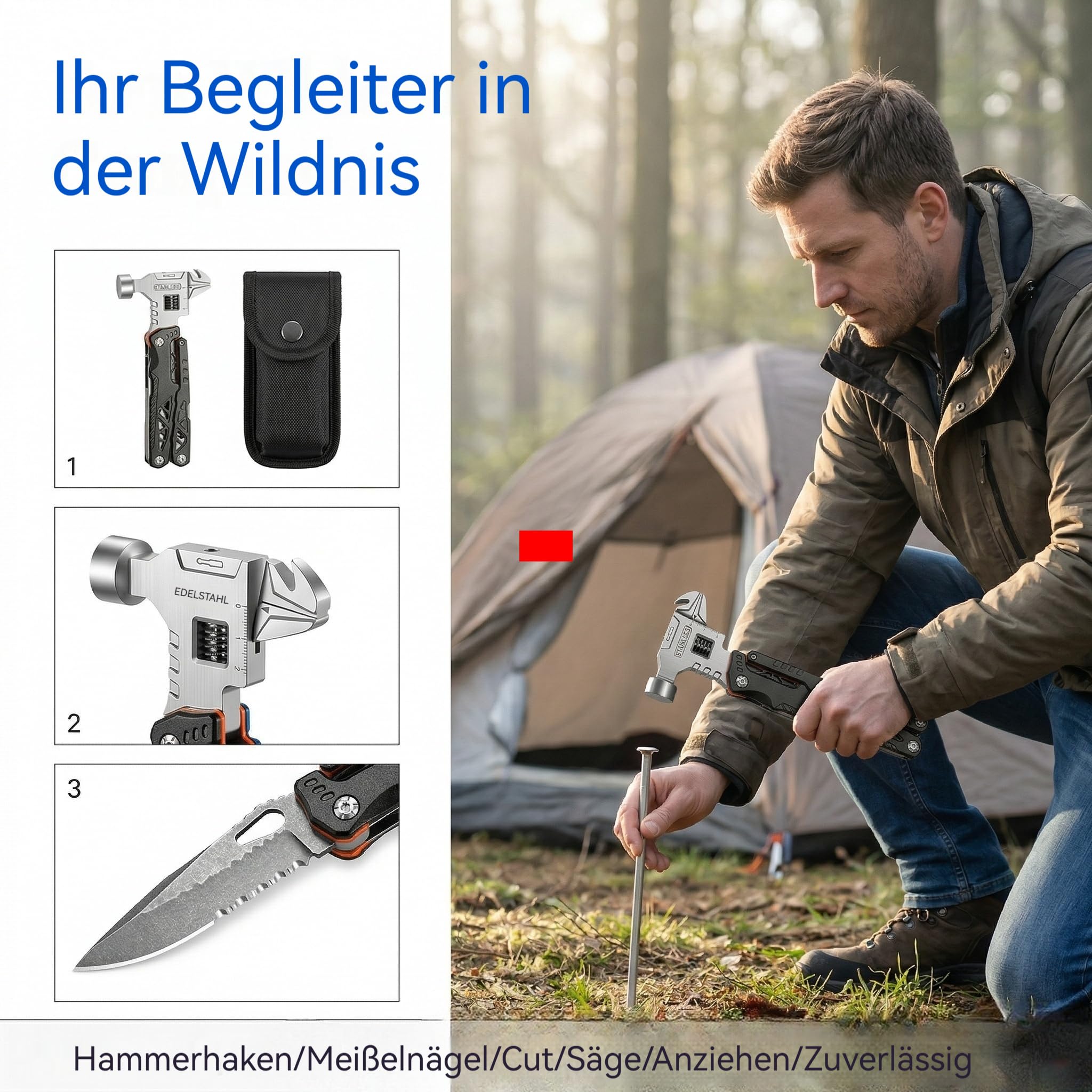18 in 1 Multifunctional Wrench Hammer 60tools, Multifunktionswerkzeug Mit Hammer, Zange, Taschenmesser & Säge – Kompaktes Multi Tool Für Outdoor, Camping, Wandern, DIY (Blau)