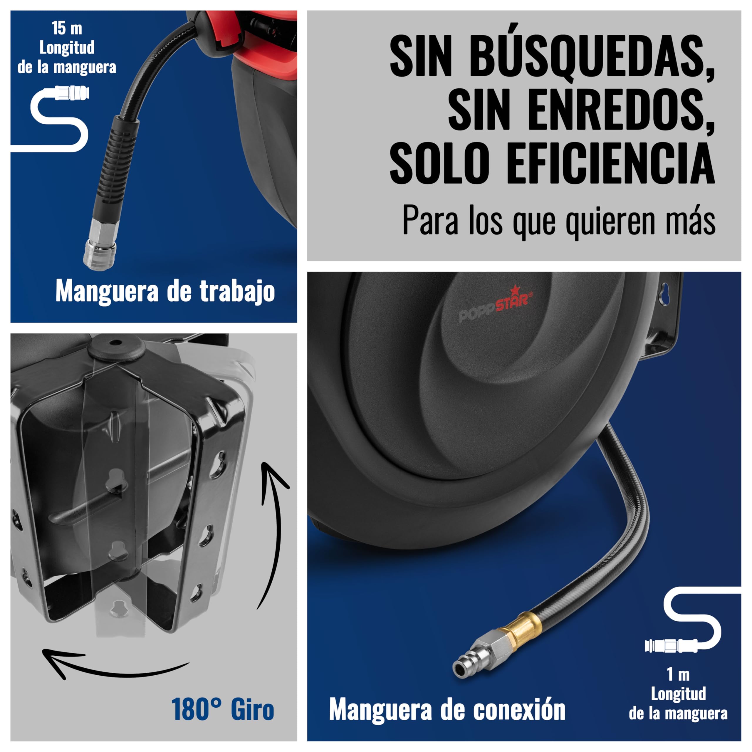 Poppstar Enrollador de manguera de aire comprimido (manguera: 15m + 1m, diámetro interno de 3/8" (9,5x15mm), 1/4" BSPT), mecanismo de enrollado para manguera de aire comprimido