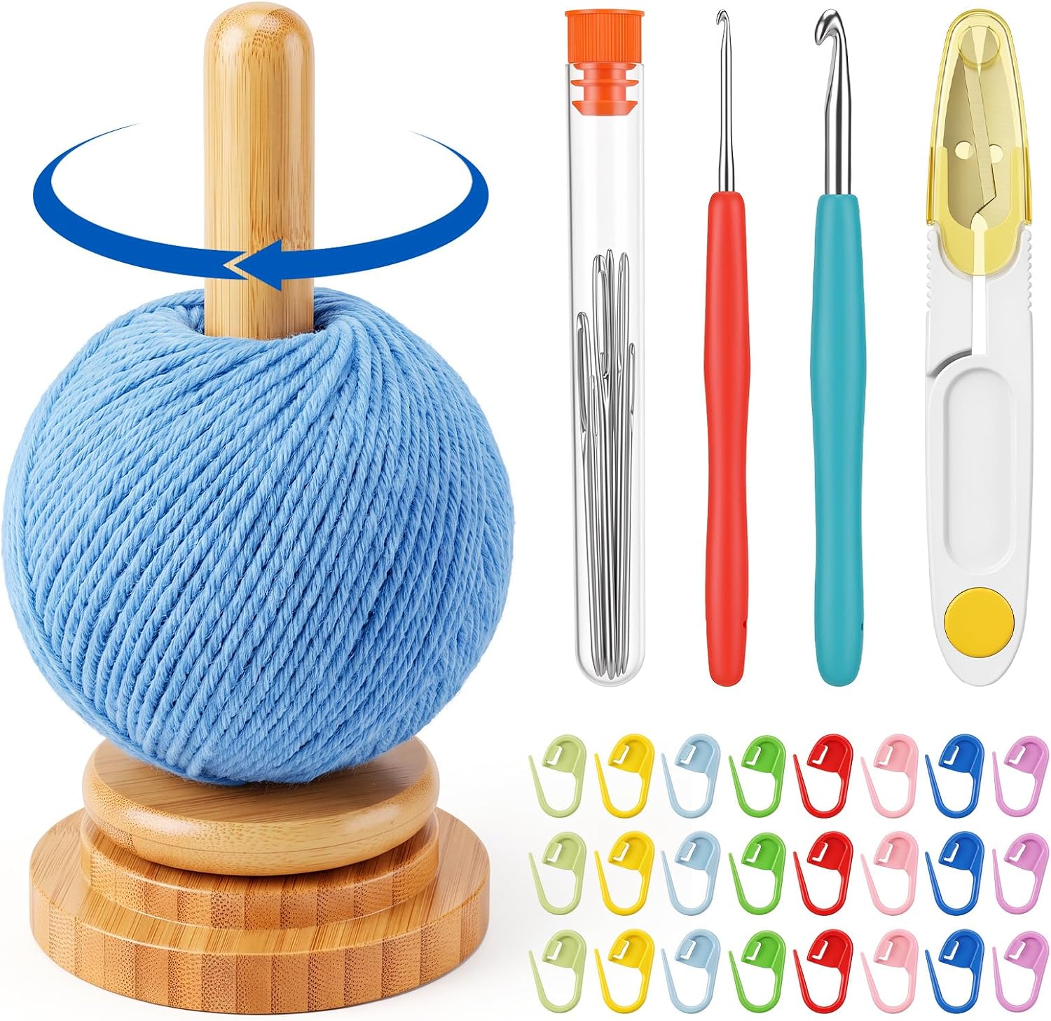 Rivvlive 14 Pcs Crochet Accessories Kit, Yarn Holder Hooks Sewing Needles Colored Markers Scissors Smooth Rotating Yarn Crochet Kit for Beginner Knitting Lovers
