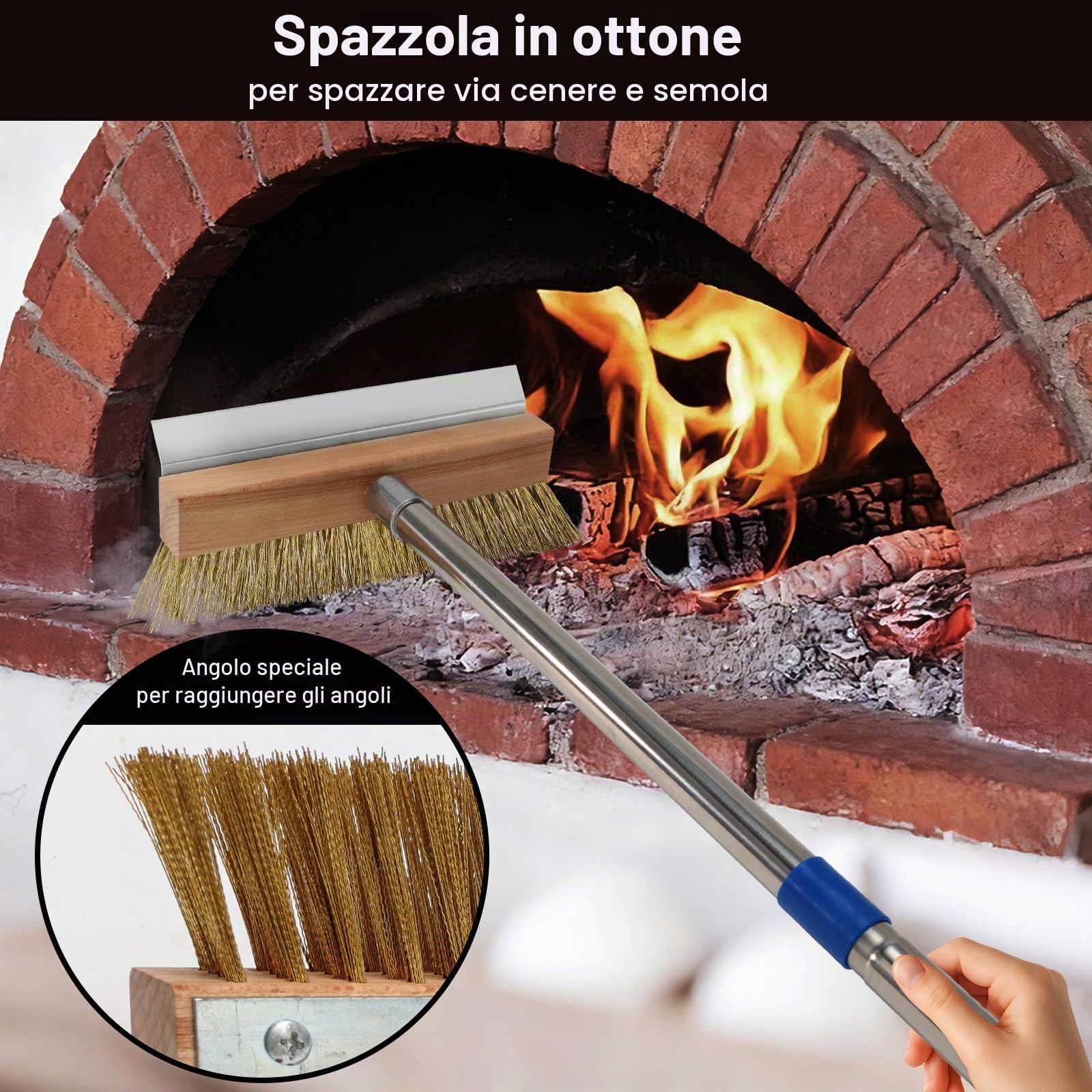 Spazzola per pizza acciaio setole ottone larghezza 25 cm manico lungo 153 cm