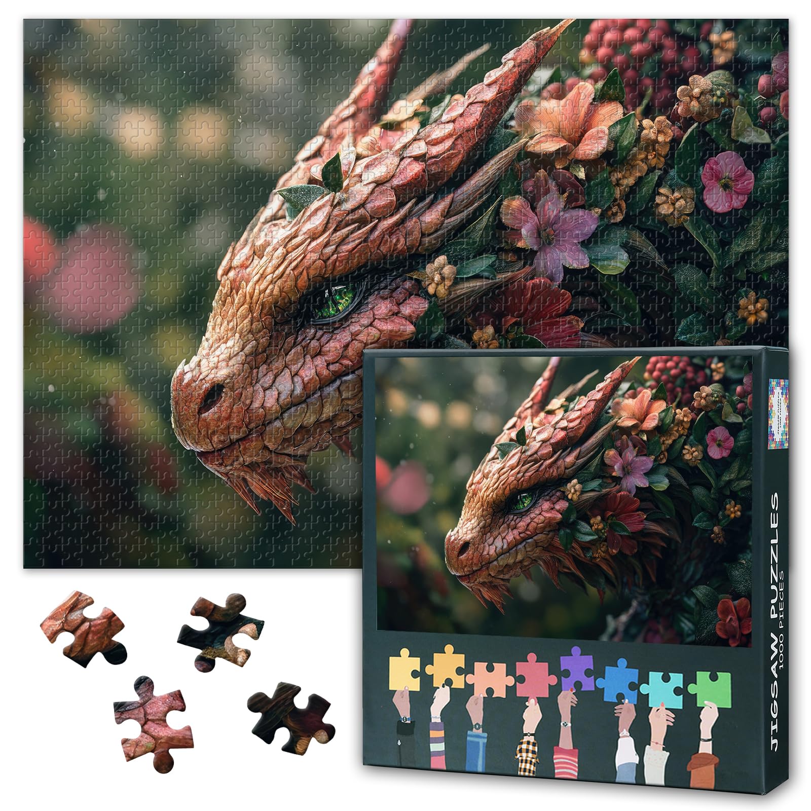 Enchanted Dragon Puzzles for Adults 1000 Pieces, Flowers in Magical Forest Jigsaw Puzzles, Adult Puzzle for Adults, Educational Fun Games or Toys for Elders Friends 20X27 INCH