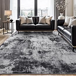Rugflix 8x10 Area Rugs for Living Room, Black Grey Large Rug Stain-Resistant Low Pile, Big Washable Dark Carpet Non-Slip for Bedroom Dining Room Home Office Nursery Room