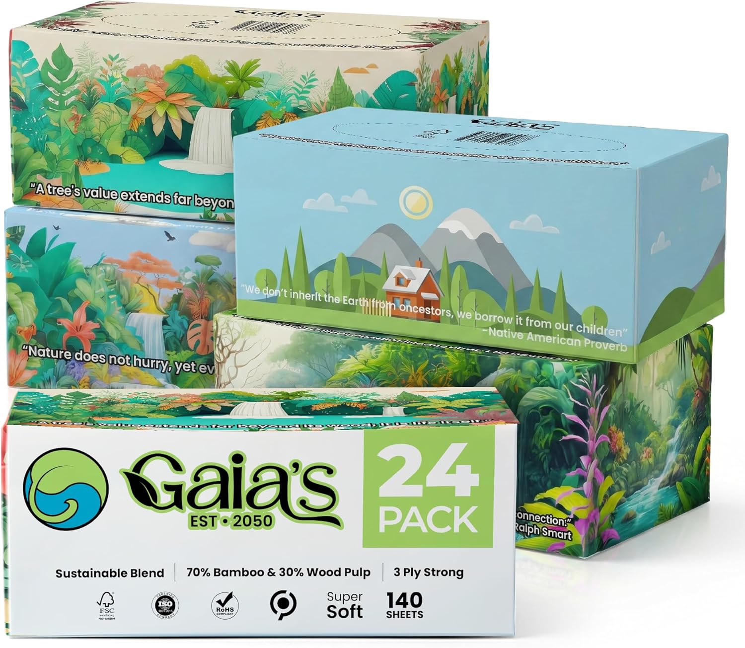 Gaias Premium 3 Ply Facial Tissues, Strong and Soft, 140 Sheets (3360 Sheets - 24 Pack) Made From Bamboo, Zero Plastic Packaging, Eco-Friendly, Sustainable, Non-Lotion, Bulk Pack