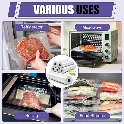 Miniatura 9 de CAREGY Rollos selladores al vacío para alimentos, paquete de 6 unidades, 3 rollos de 8 x 20 pies y 3 rollos de 11 x 20 pies, de grado comercial, sin