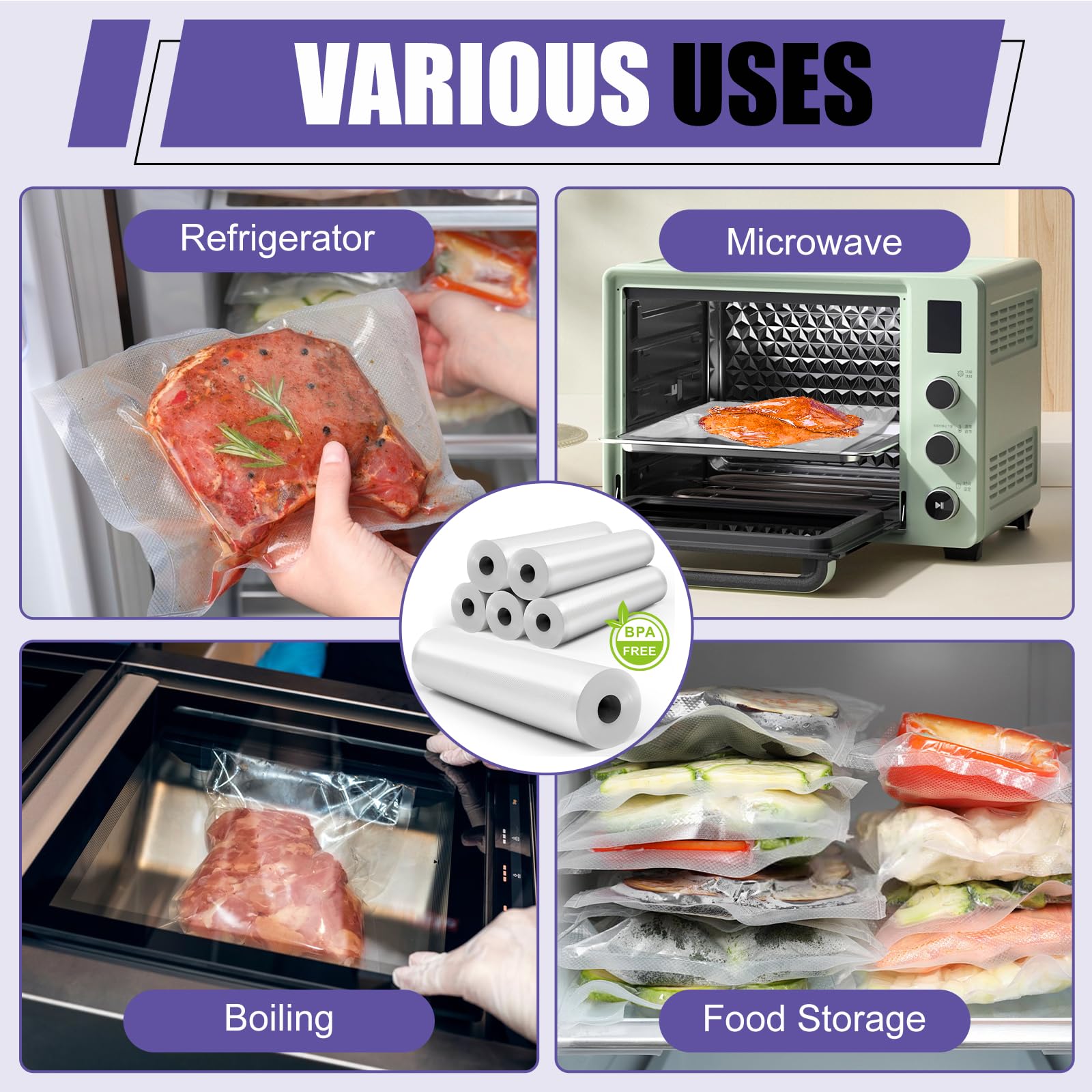 CAREGY Paquete de 6 bolsas selladoras al vacío de alimentos sin BPA, 3 rollos de 8 x 20 pies y 3 rollos de 11 x 20 pies en relieve para preparación de comidas, cocción al vacío y almacenamiento de