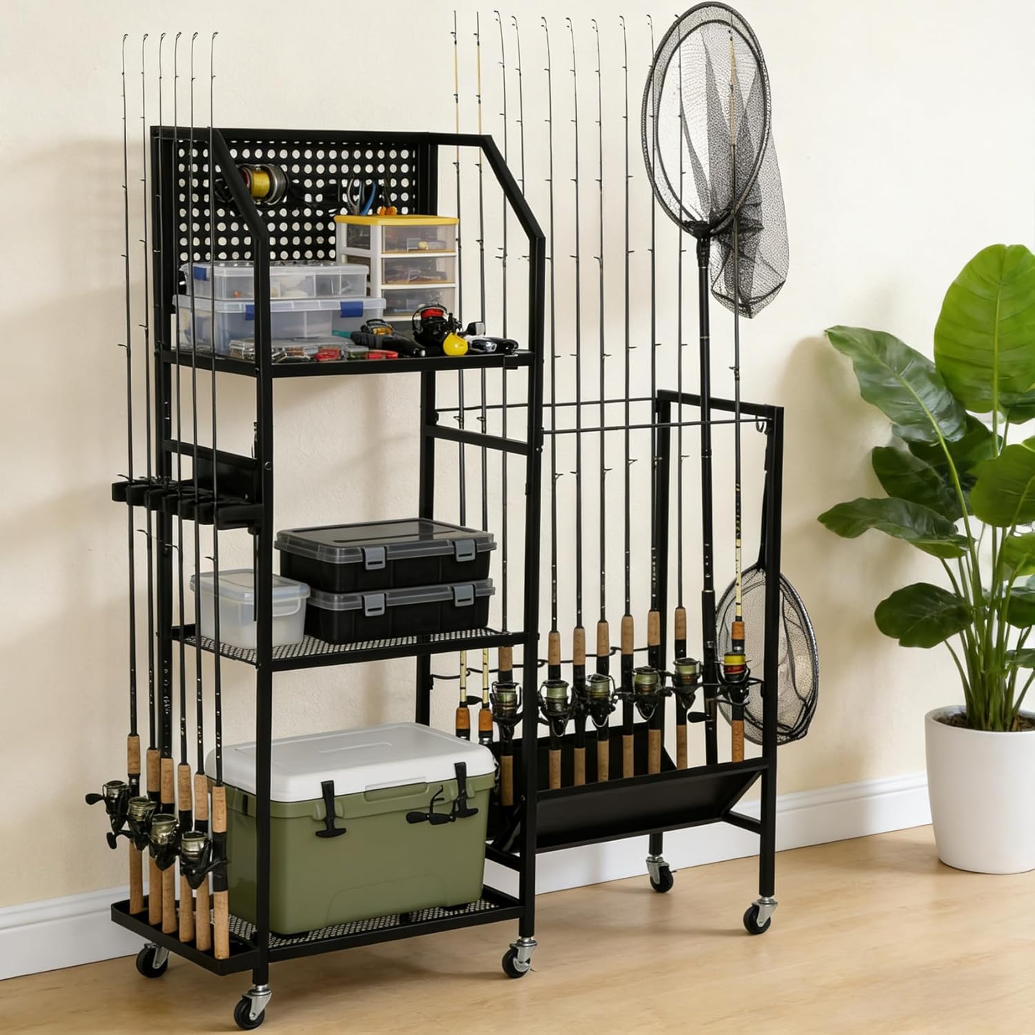 𝐔𝐩𝐠𝐫𝐚𝐝𝐞 Fishing Pole Holders for Garage,Fishing Rod Holders Up to 18 Rods with Pegboard and Hooks,3-Tier Fishing Pole Rack with Lockable Wheels