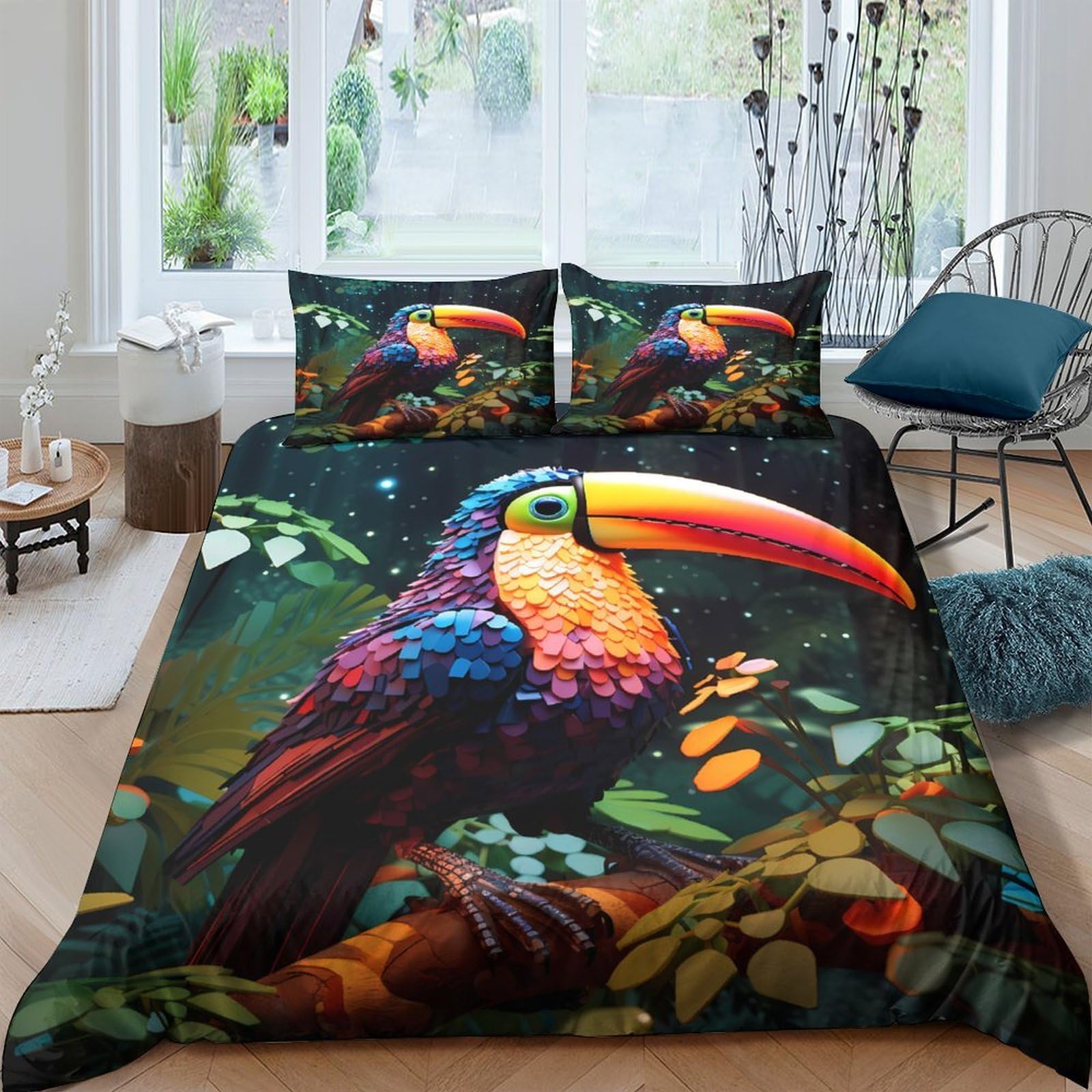 Ctjqhvkz Style-3 3D Printed Colorful Toucan Fitted Sheet Microfiber Soft Anti-Slip Jungle Bird Mattress Cover Bedroom Decor Single（135X200cm）