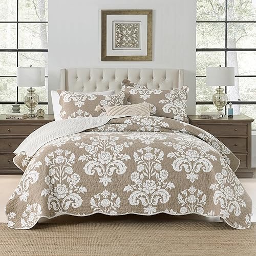 Juego de edredón tamaño Queen, 100% algodón, diseño de cachemira floral, reversible, ligero, para todas las estaciones, caqui, tostado, blanco, 3