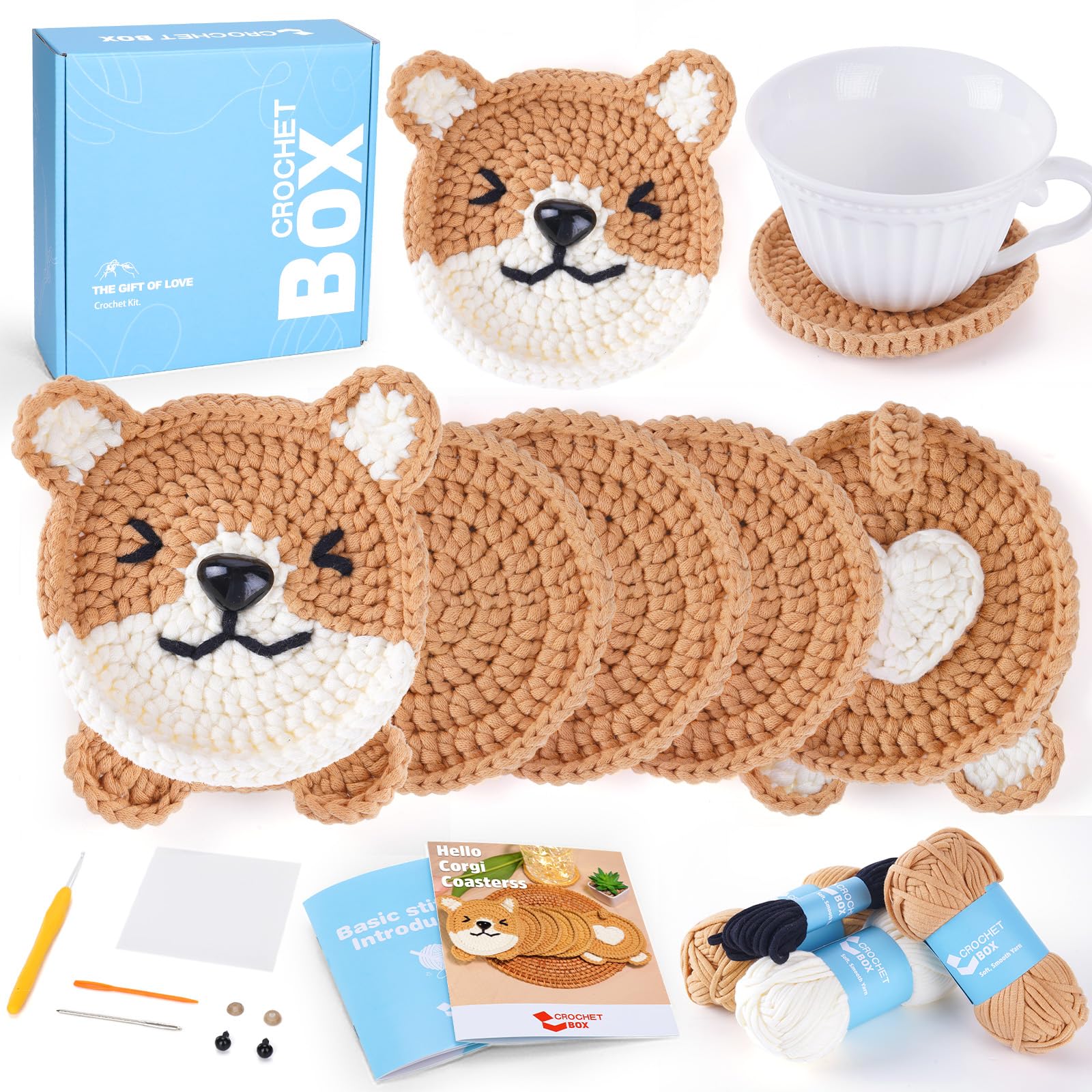 CROCHET BOX Crochet Kit for Beginners Adults - 6 Pack Corgi Coasters Starters Crochet Kit, Beginners Crocheting Kitting for Adults Kids, Craft Gifts with Crochets Yarns, Hook, Step-by-Step Video