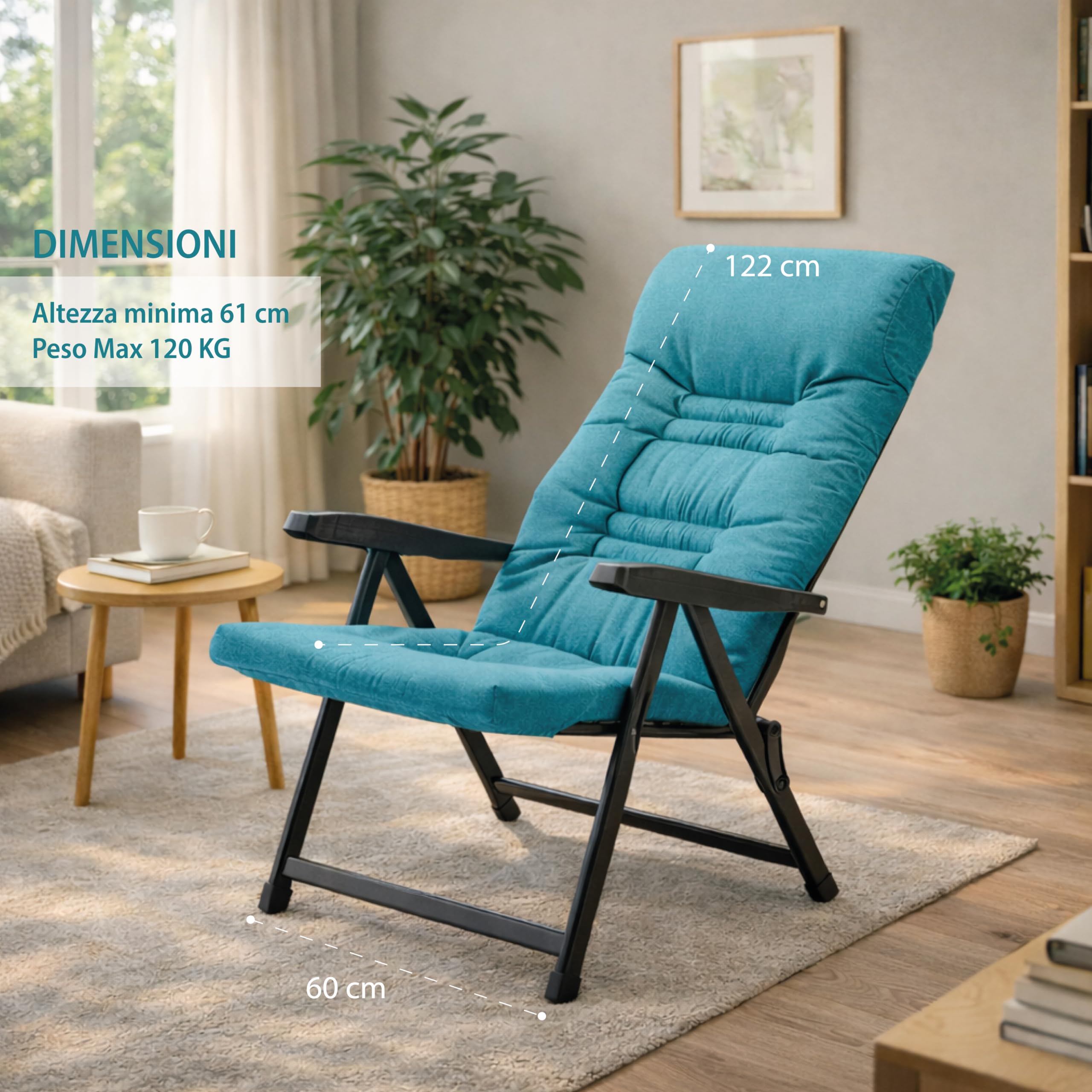 MA MAISON Sedia Reclinabile Imbottita 122X60X61 cm - 5 Posizioni, Braccioli Ergonomici, Struttura in Acciaio, per Interno, Esterno, Regolabile, Richiudibile, in Tessuto - Made in Italy PETROLIO