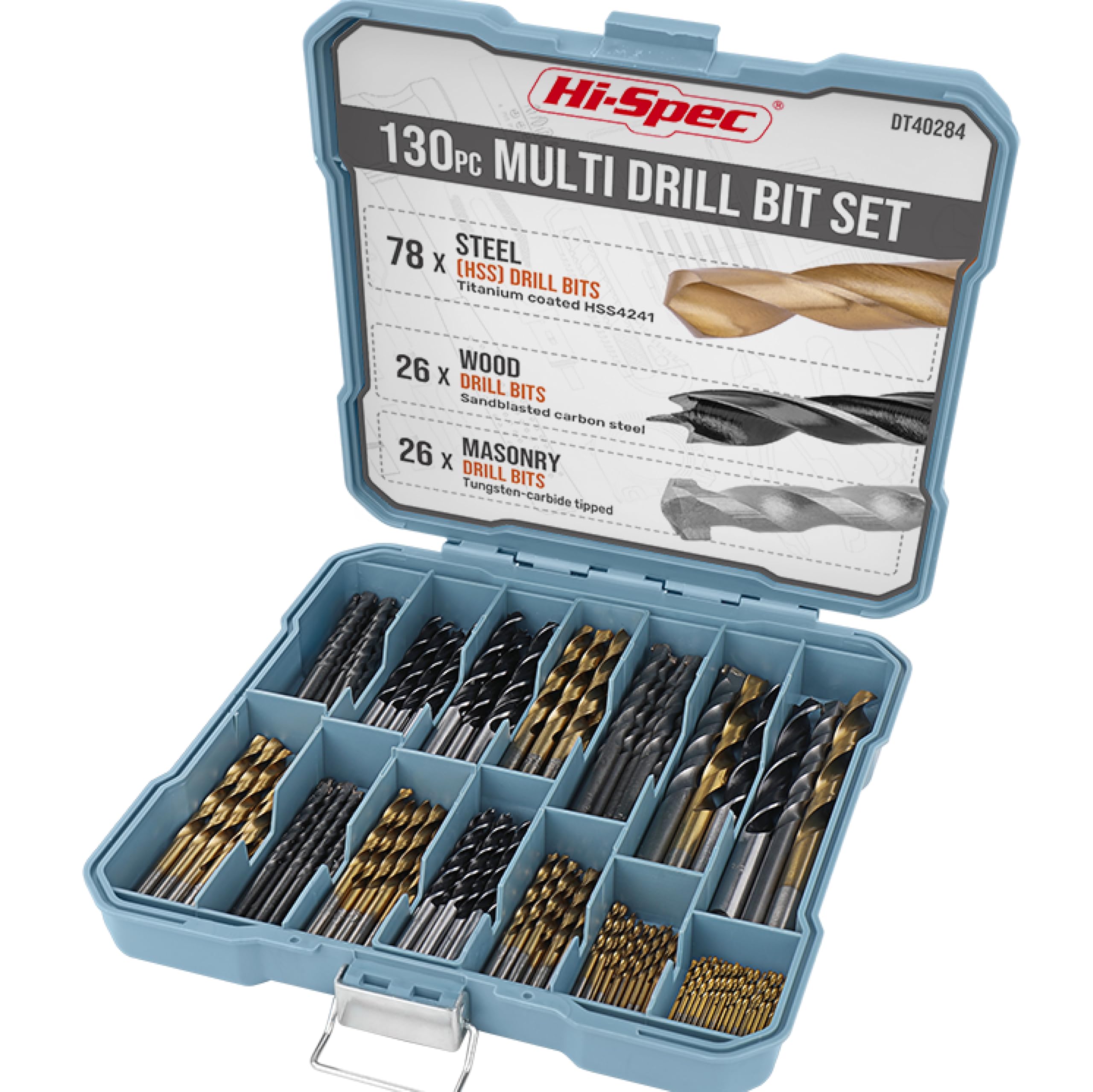Hi-Spec Brocas Métricas HSS para Metal, Madera y Mampostería con Accesorios | 130 piezas; HSS 4241, Brad Point y carburo YG8C; medidas 1-10 mm; caja con cierre metálico; organización por tipo