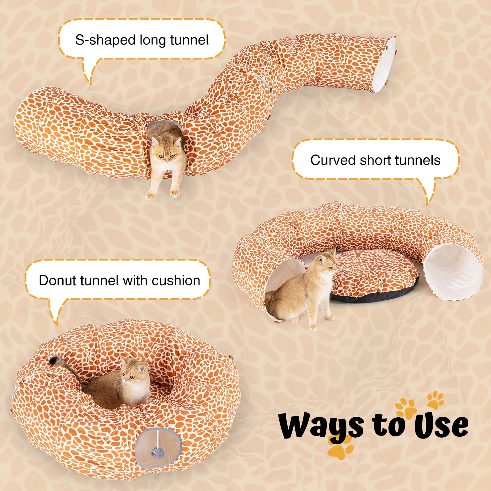 Avont Lit tunnel pour chat avec coussin central lavable – Grand tunnel pour chat – 3 formes pour jouer pour l'intérieur, chats, chatons, chiots, furets, lit rond en peluche moelleux avec tunnels –