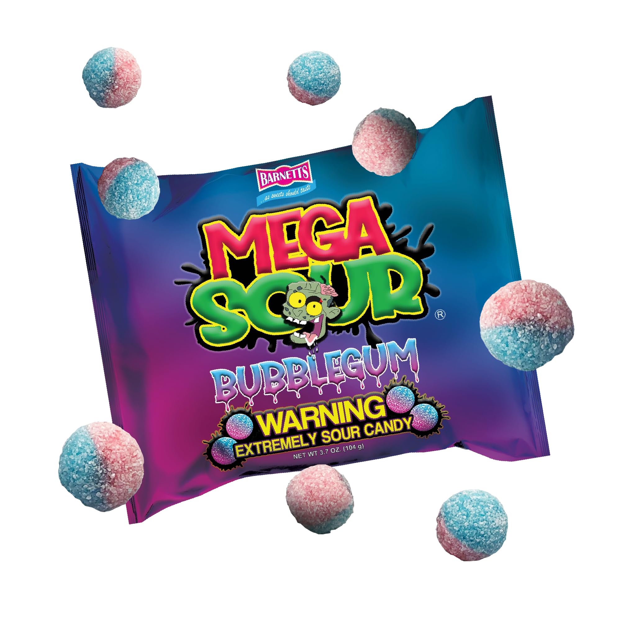 BarnettsMega Sour Candy Bubblegum 104g - Trendy Sweet Bags - Traditionally Handmade Sweets - Sour Coating Lasts 20 Seconds - Candies for Party Bag, Gift Hamper, or Hamper Box