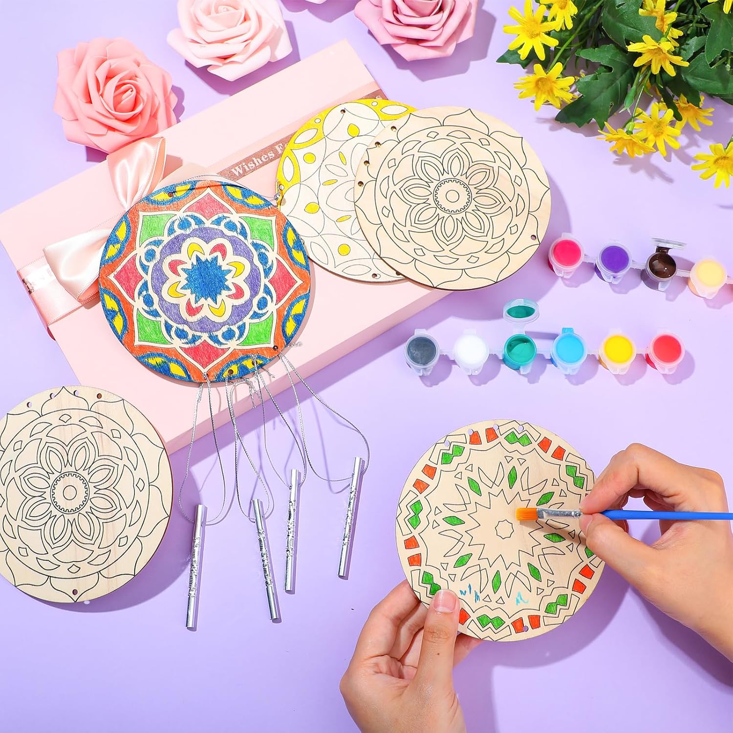 Silipull 24 Sets Mandala Wood Wind Chimes Craft for Kids Color Your Own Windchime DIY Unfinished Wooden Hanging Ornaments Coloring Wind Chime for Kids Gifts School Home and Party Supplies