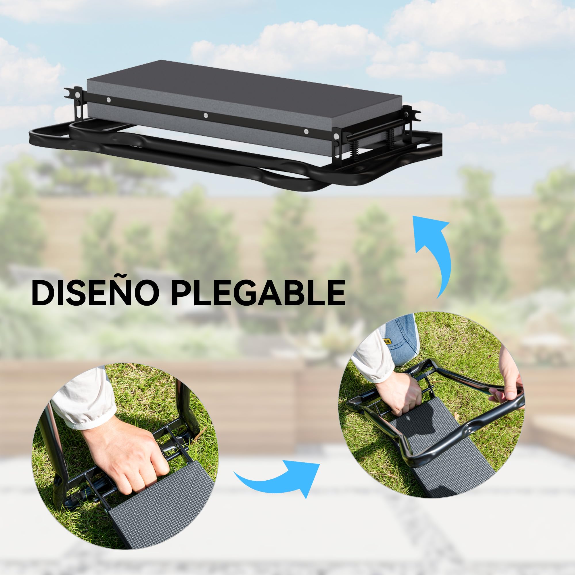 Outsunny Taburete de Jardín Plegable con Almohadilla de Espuma EVA, Asiento de Jardín Portátil con Bolsa para Herramientas en Cintura, Carga 150 kg, Regalo para Jardineros, Ancianos, Negro