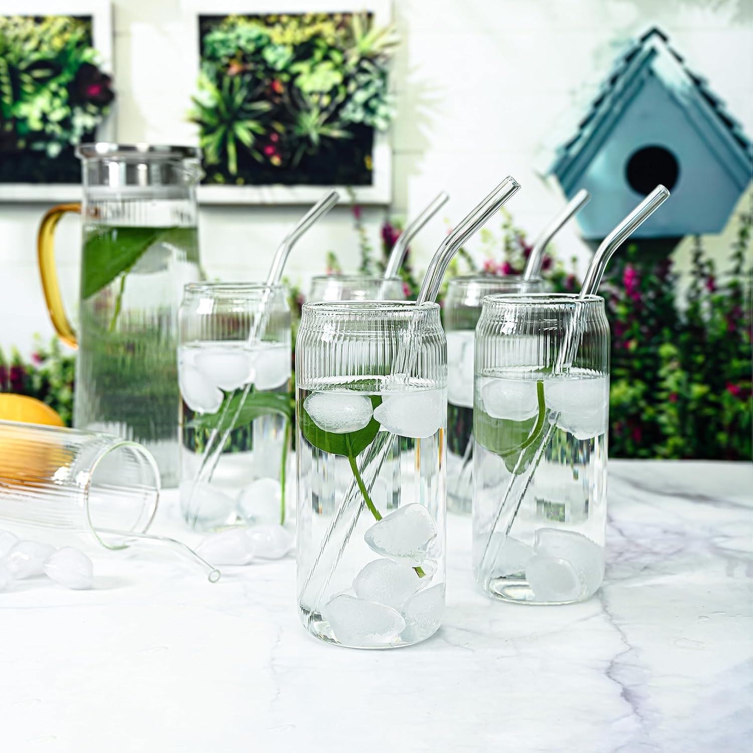 Set of 6 Ribbed Can Shaped Glass Cups with Glass Straws - 16oz Can Glass Drinking Glasses, Iced Coffee & Ice Tea Glasses, Clear Kitchen Tumbler Cup Cocktail Glass for Soda, Kiddush Cups & Sets - Image 6