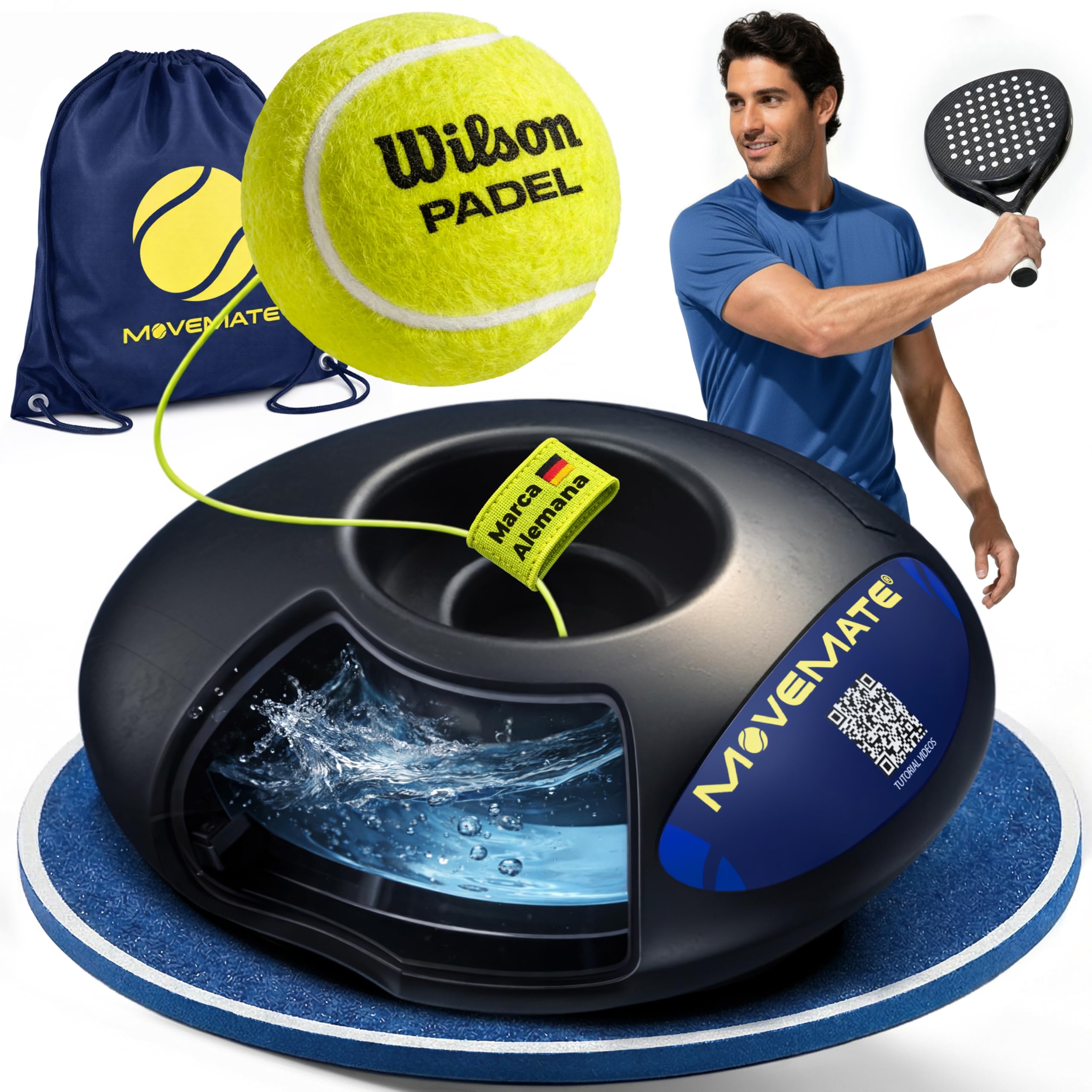 MOVEMATE Dispositivo de Entrenamiento de Pádel/Tenis con Pelota Wilson® | Innovador Equipamiento Deportivo para Exteriores, en el Parque, en el jardín | con Bolsa de Transporte y vídeos de Ejercicios