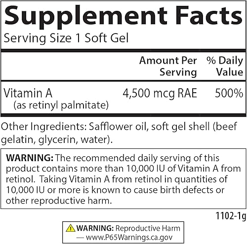 Miniatura 9 de Carlson CAR01102- Vitamina A 15000 UI Palmitato 4500 mcg RAE Visión Salud y Piel Saludable Función Inmune W 240 cápsulas blandas