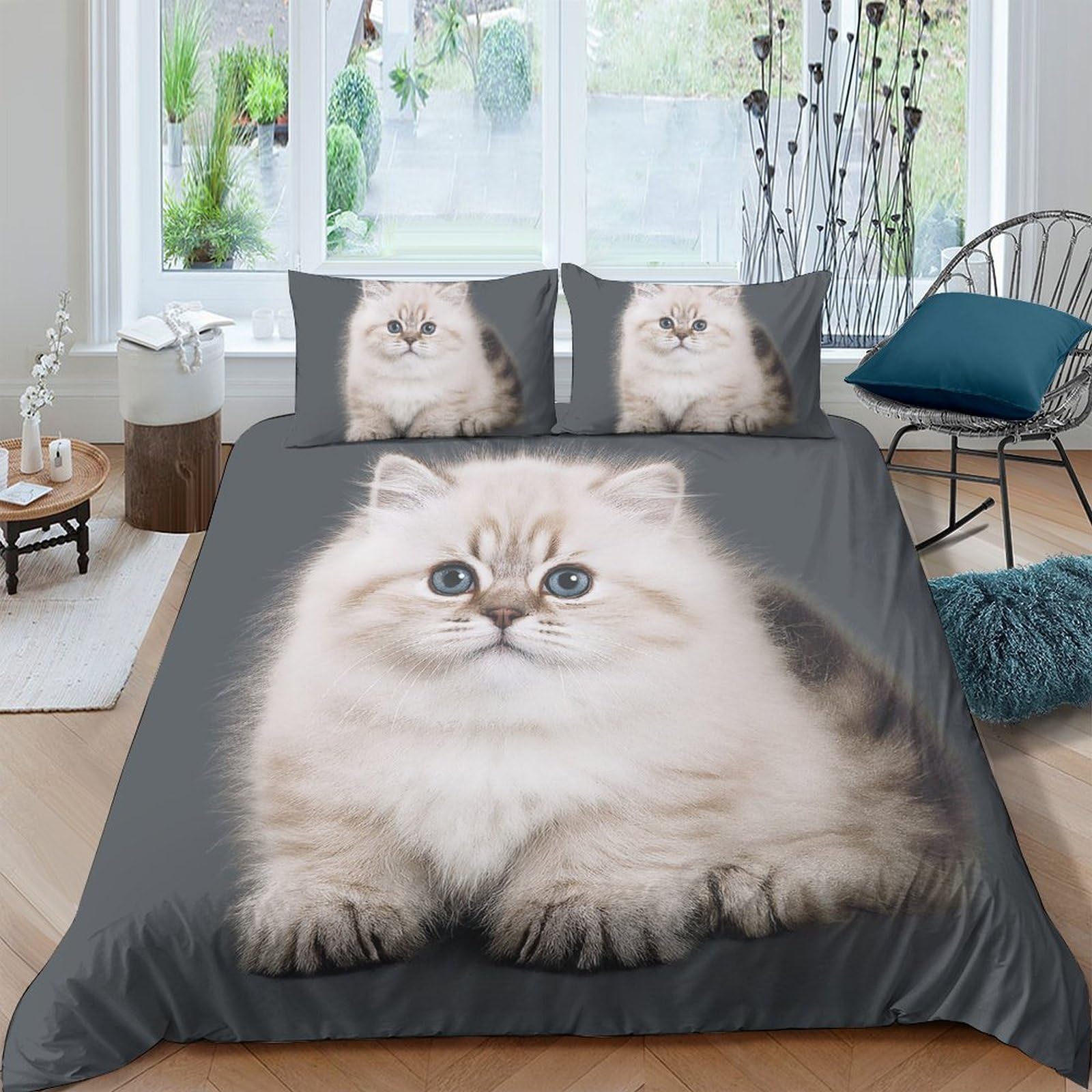 Ctjqhvkz Style-9 3D Printed Fluffy Cat Fitted Sheet Microfiber Soft Grey Pet Animal Bed Cover For Bedroom Guest Room Easy Care Single（135X200cm）