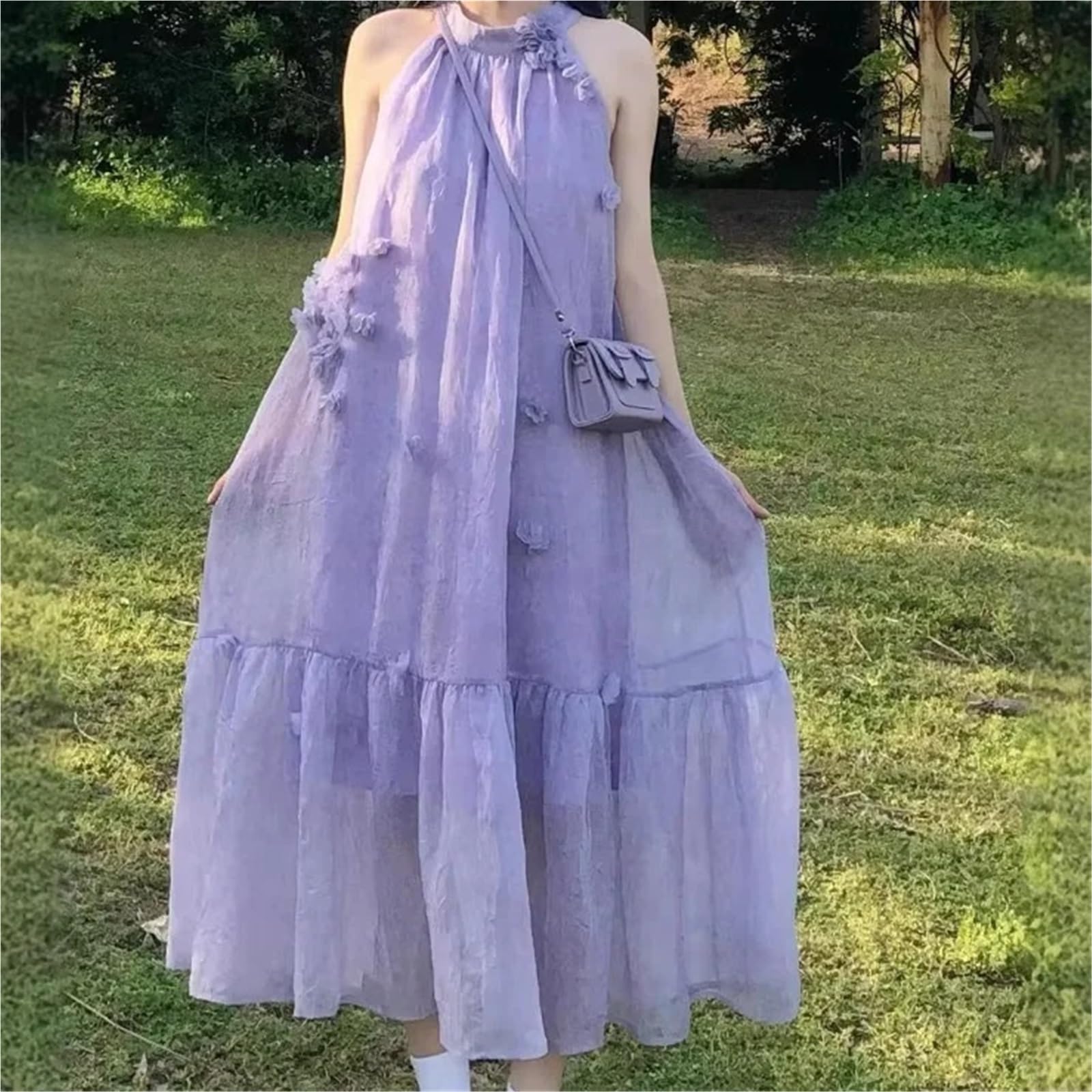 Vestido Morado Estilo francés con Cuello Halter for Mujer, Vestido Largo Adelgazante de Verano Tirantes for Vacaciones en la Playa, Dulce y Fresco