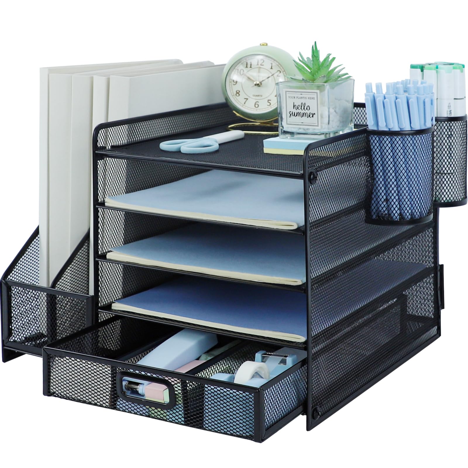 HIHOBDAY 5 Tier Desk File Organiser with Extra Vertical File Sorter, A4 Paper Letter Tray with Stationery Drawer, Magazine Document Holder for Home Office, Black