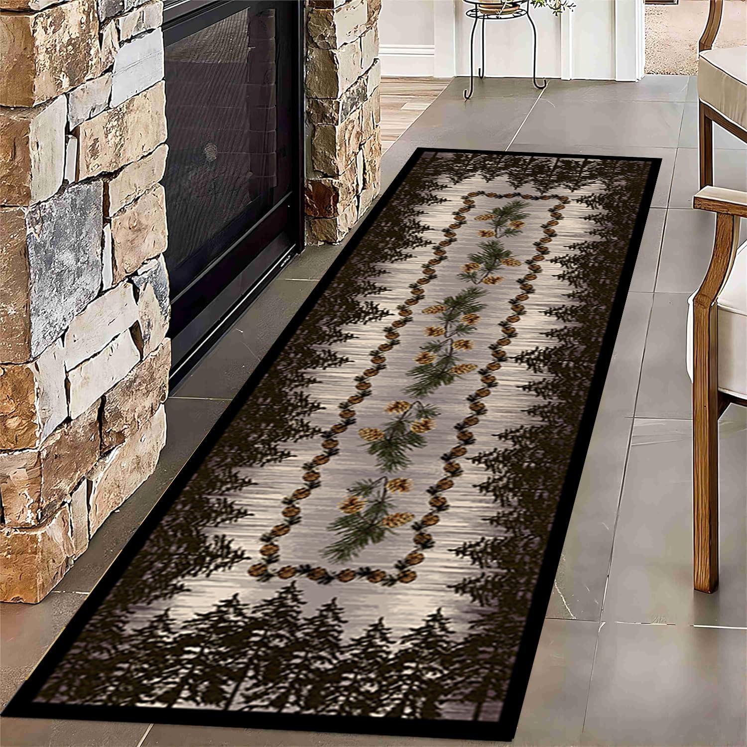 Pine Cones Runner Rug for Kitchen,2.6x10ft,Maple Rug Runner Hallway Runner Rug, Rustic Style Woodland Rug, Lodge Washable Rugs with Pine Cones, for