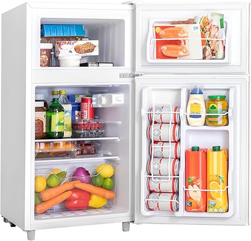 Manastin Mini refrigerador de 3.5 pies cúbicos de 2 puertas con congelador, refrigerador pequeño, termostato ajustable de 7 niveles, refrigerador